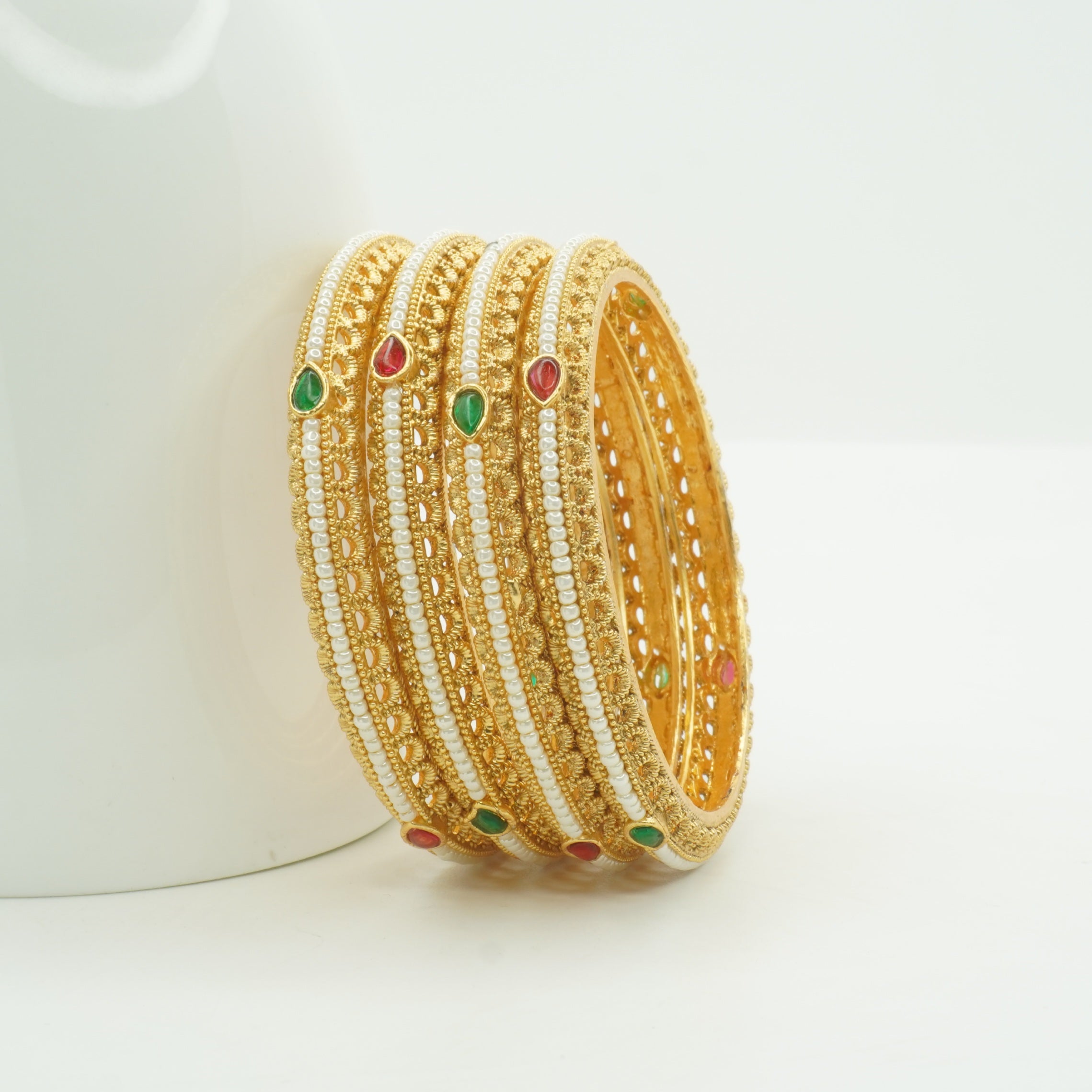 Premium Gold Plated Pearl Bangles Set for Women with Ruby Emerald Stones Traditional Wedding Jewelry