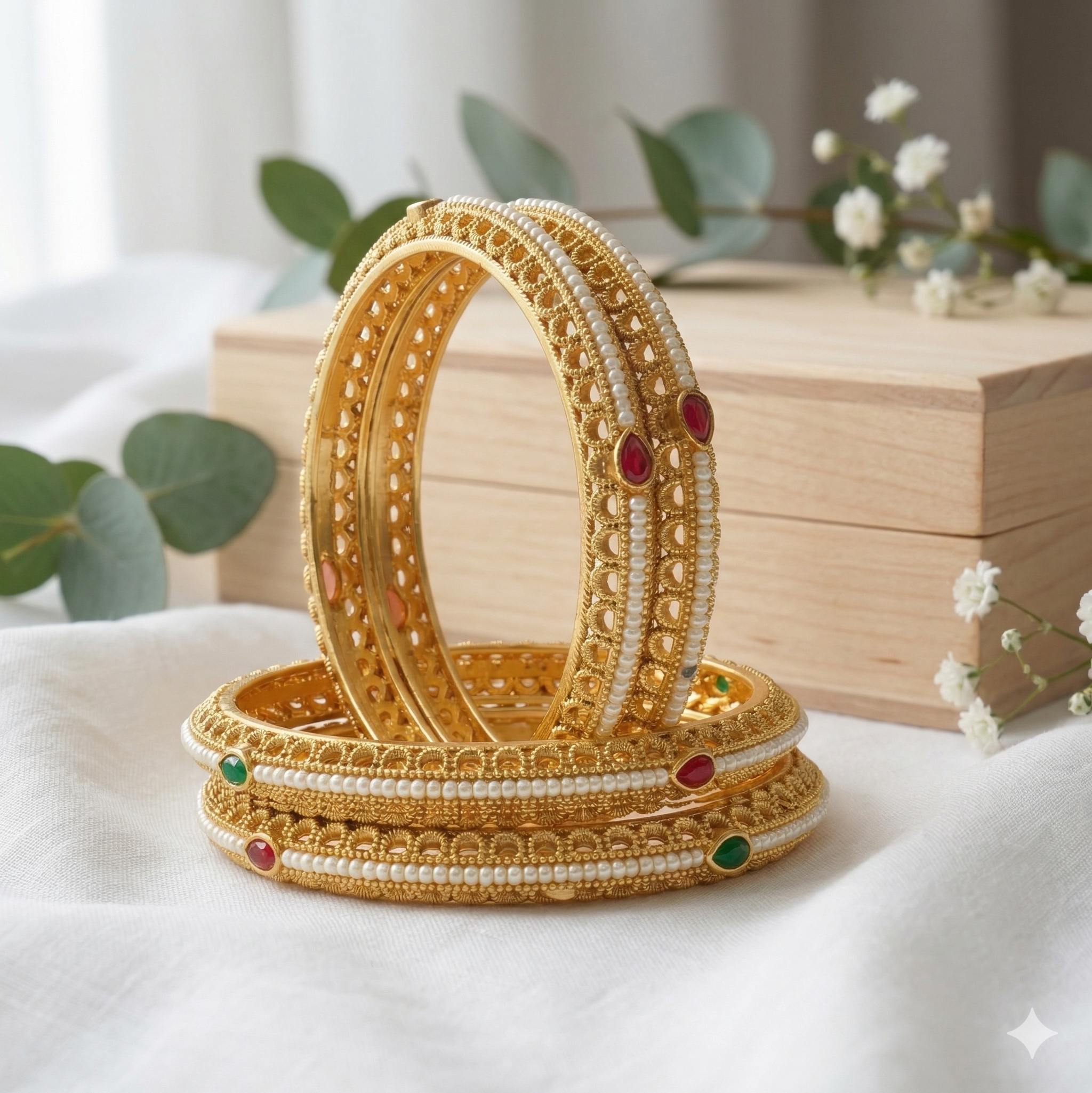 Premium Gold Plated Pearl Bangles Set for Women with Ruby Emerald Stones Traditional Wedding Jewelry