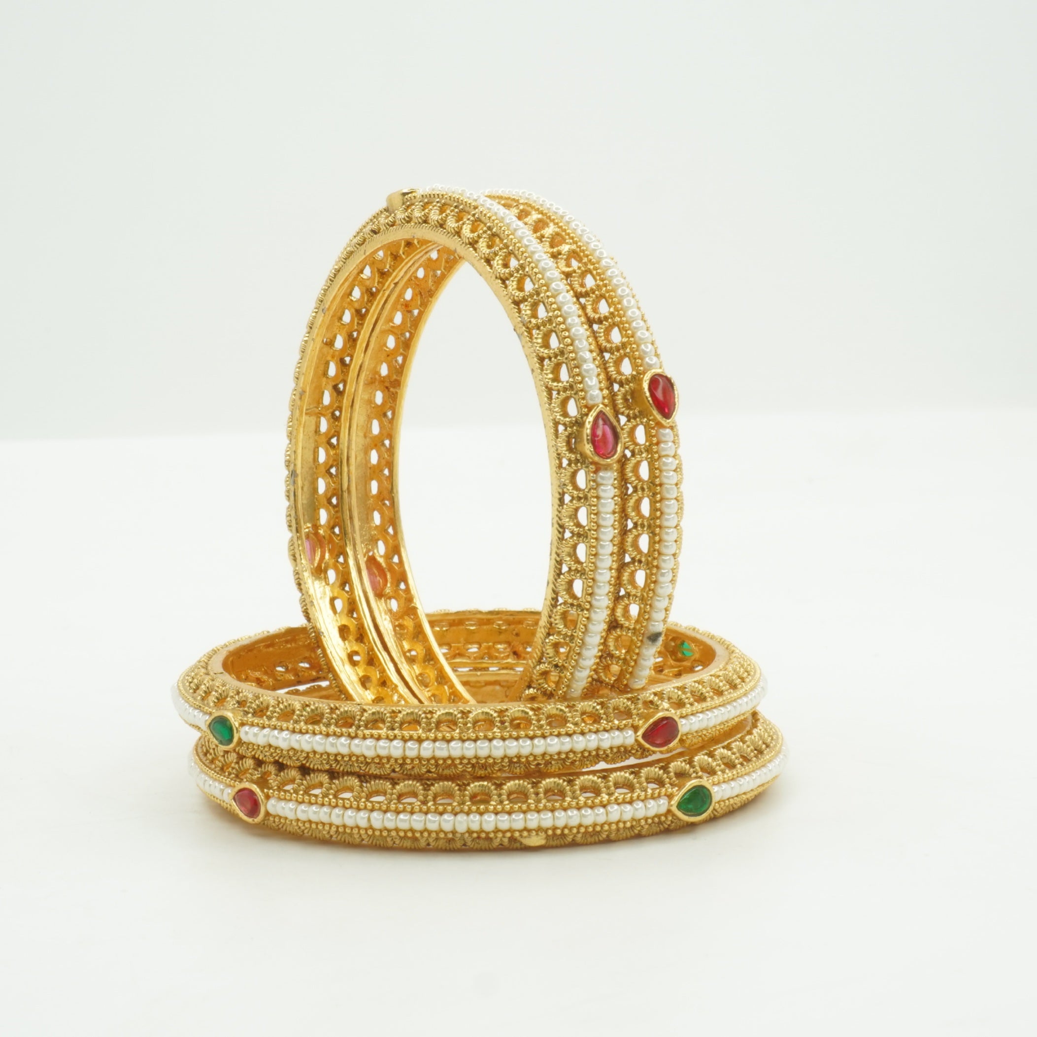 Premium Gold Plated Pearl Bangles Set for Women with Ruby Emerald Stones Traditional Wedding Jewelry