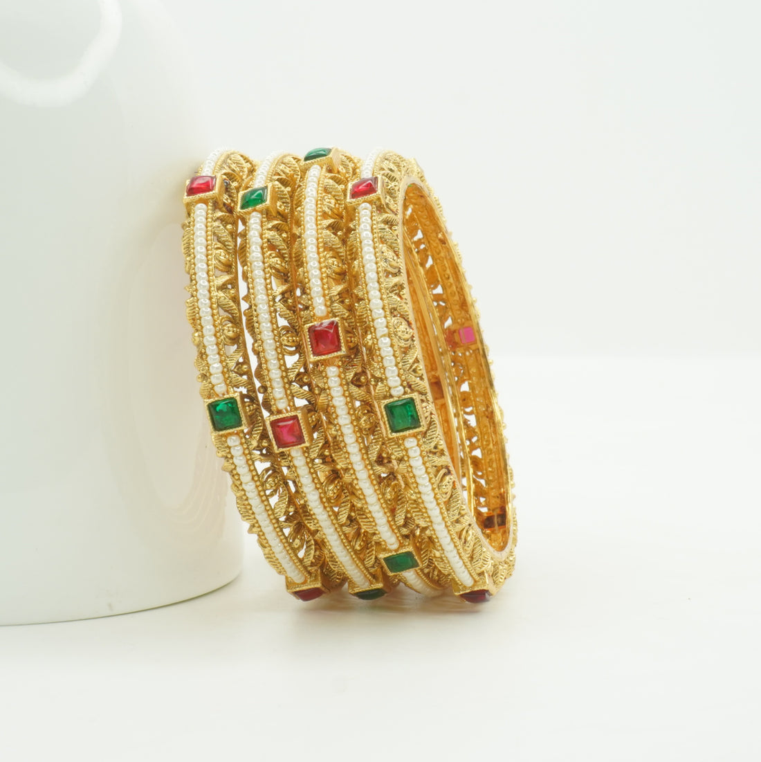 Trending Designer Gold Pearl Bangles Set | Ruby Emerald Bridal Kangan for Women