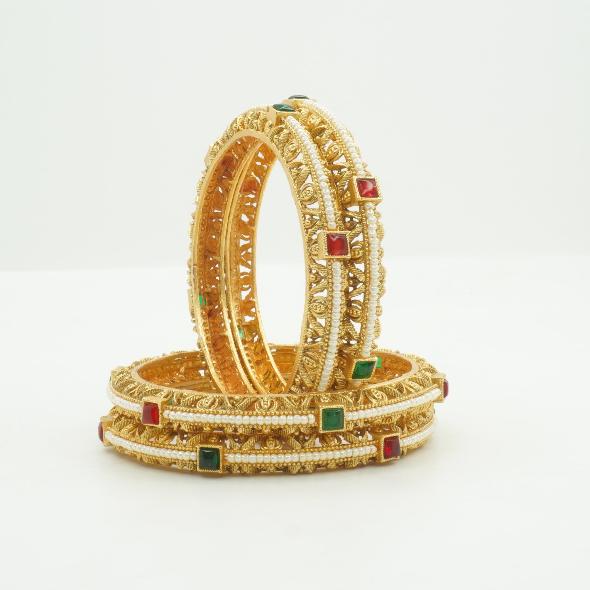 Trending Designer Gold Pearl Bangles Set | Ruby Emerald Bridal Kangan for Women