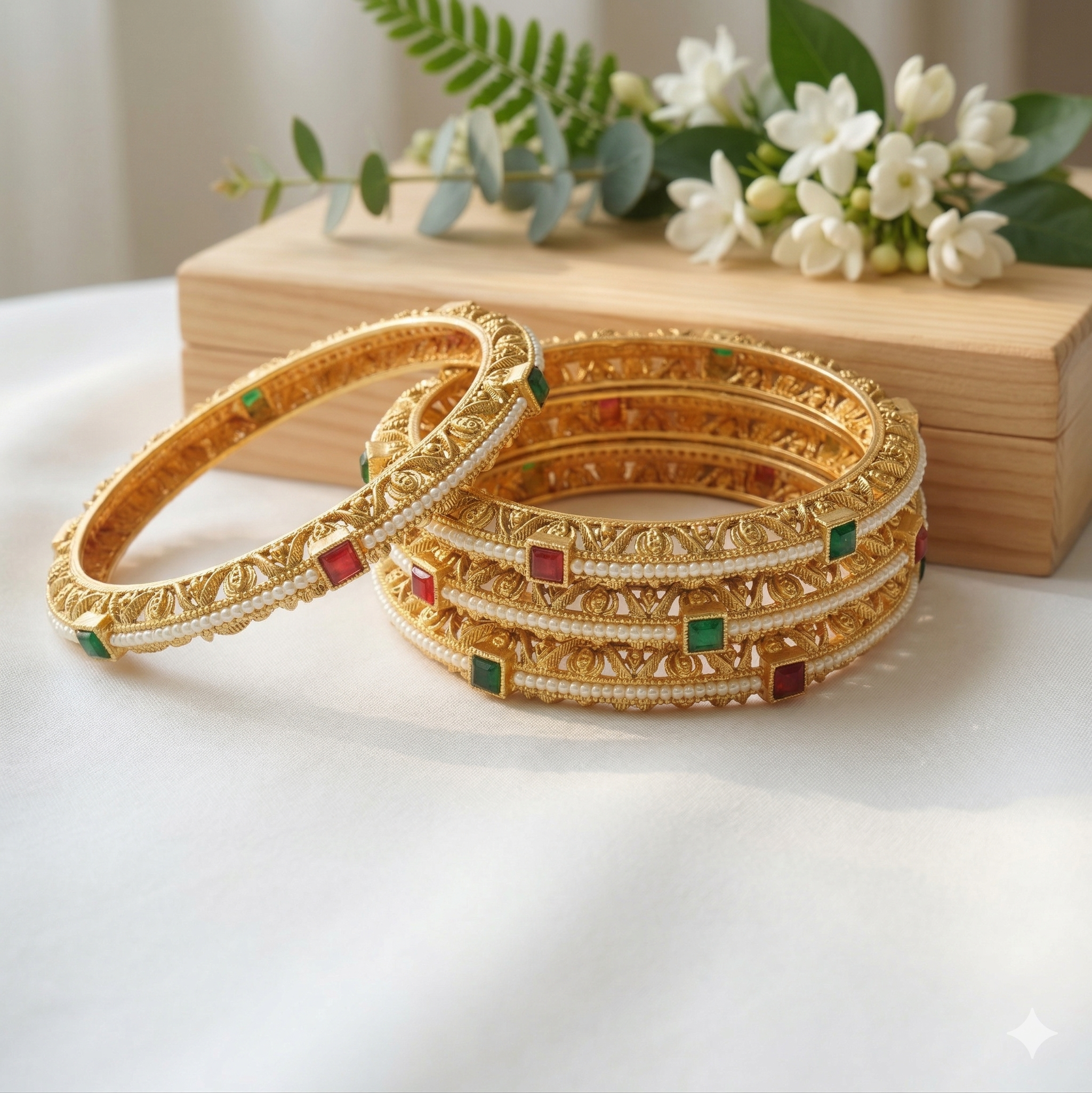 Trending Designer Gold Pearl Bangles Set | Ruby Emerald Bridal Kangan for Women
