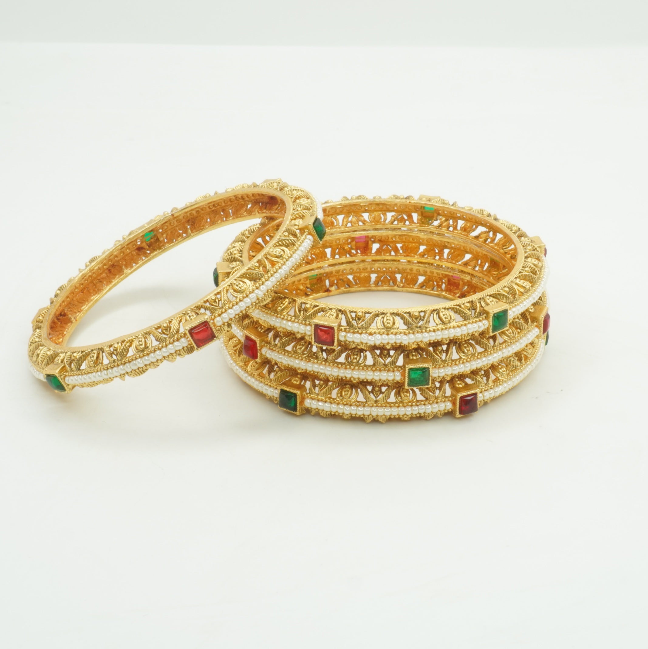 Trending Designer Gold Pearl Bangles Set | Ruby Emerald Bridal Kangan for Women