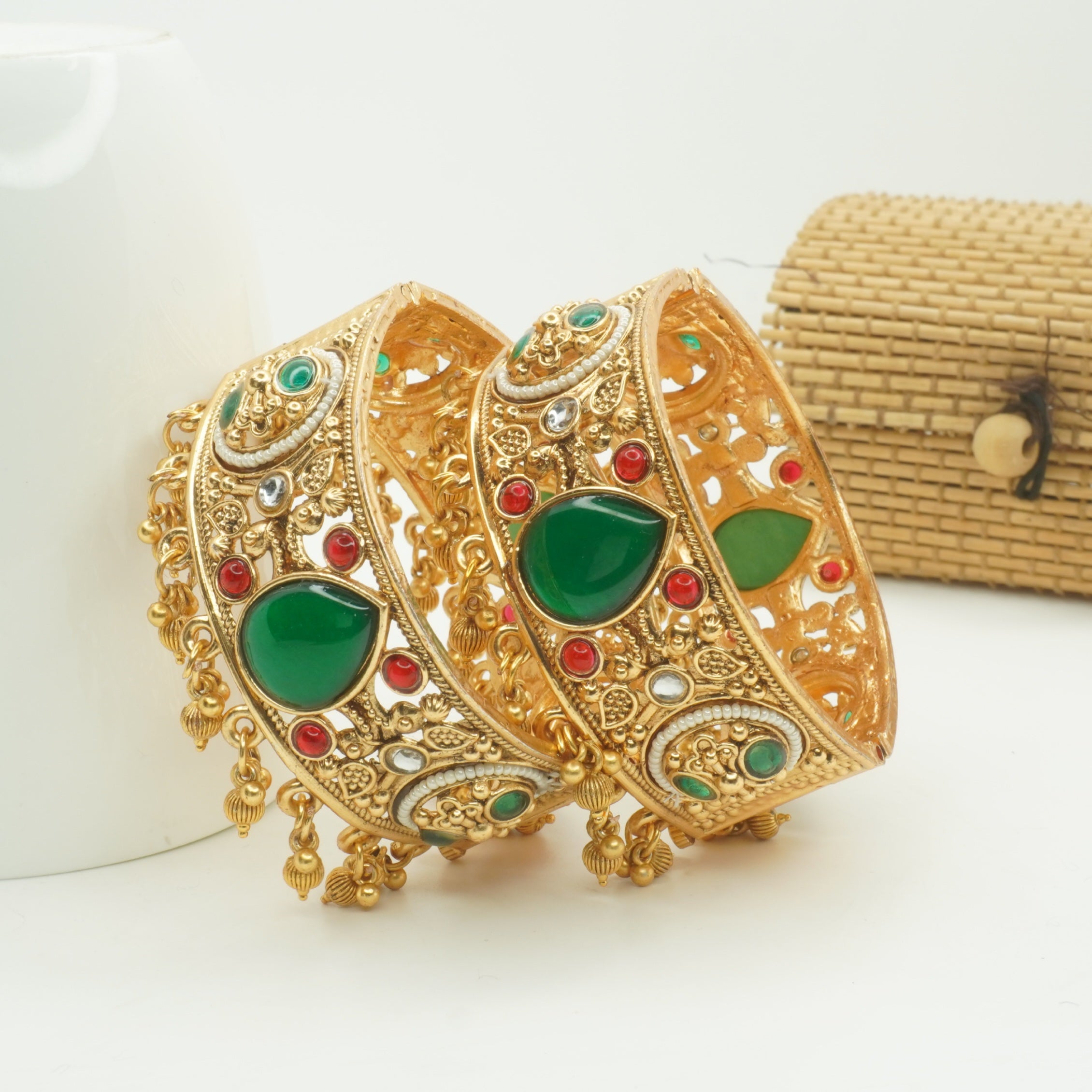 Traditional Bridal Gold Plated Emerald Ruby Pearl Openable Kangan Bangles Pair for Indian Wedding Wear