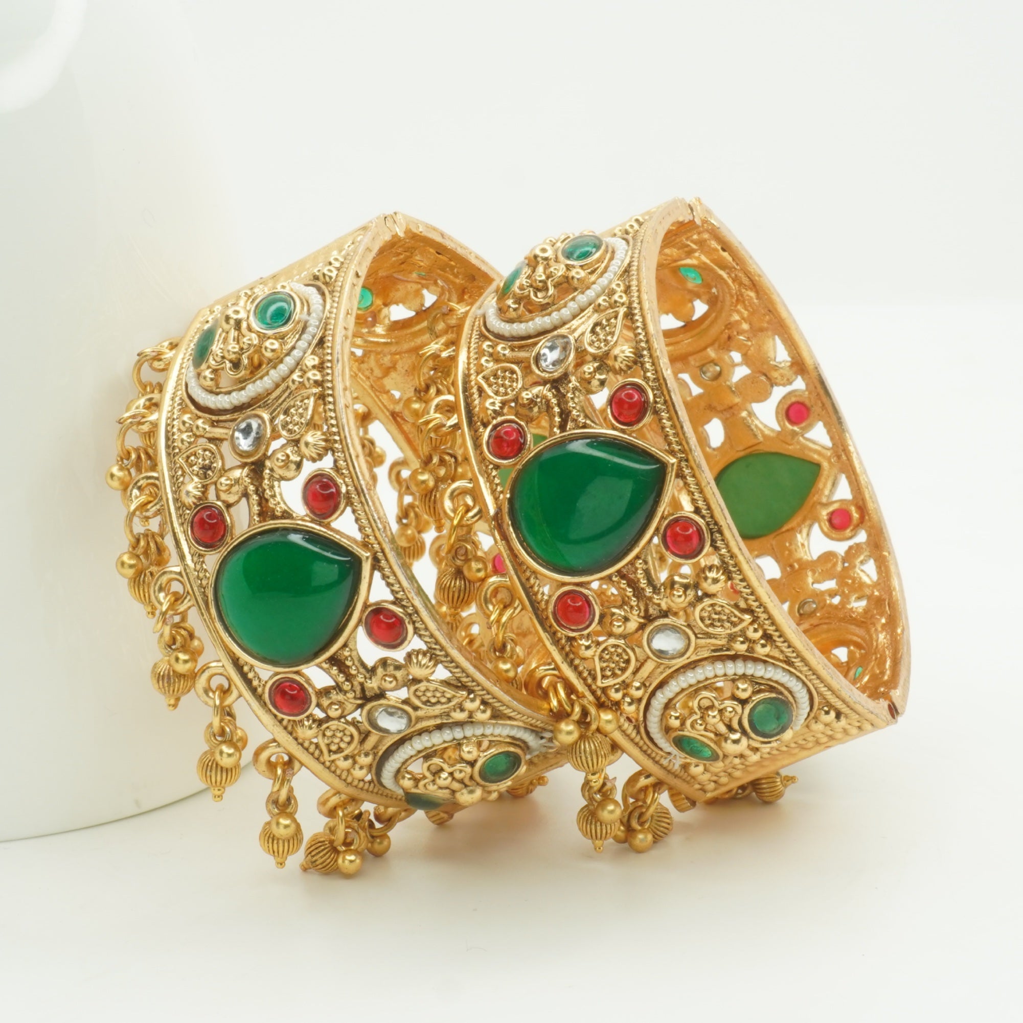 Traditional Bridal Gold Plated Emerald Ruby Pearl Openable Kangan Bangles Pair for Indian Wedding Wear