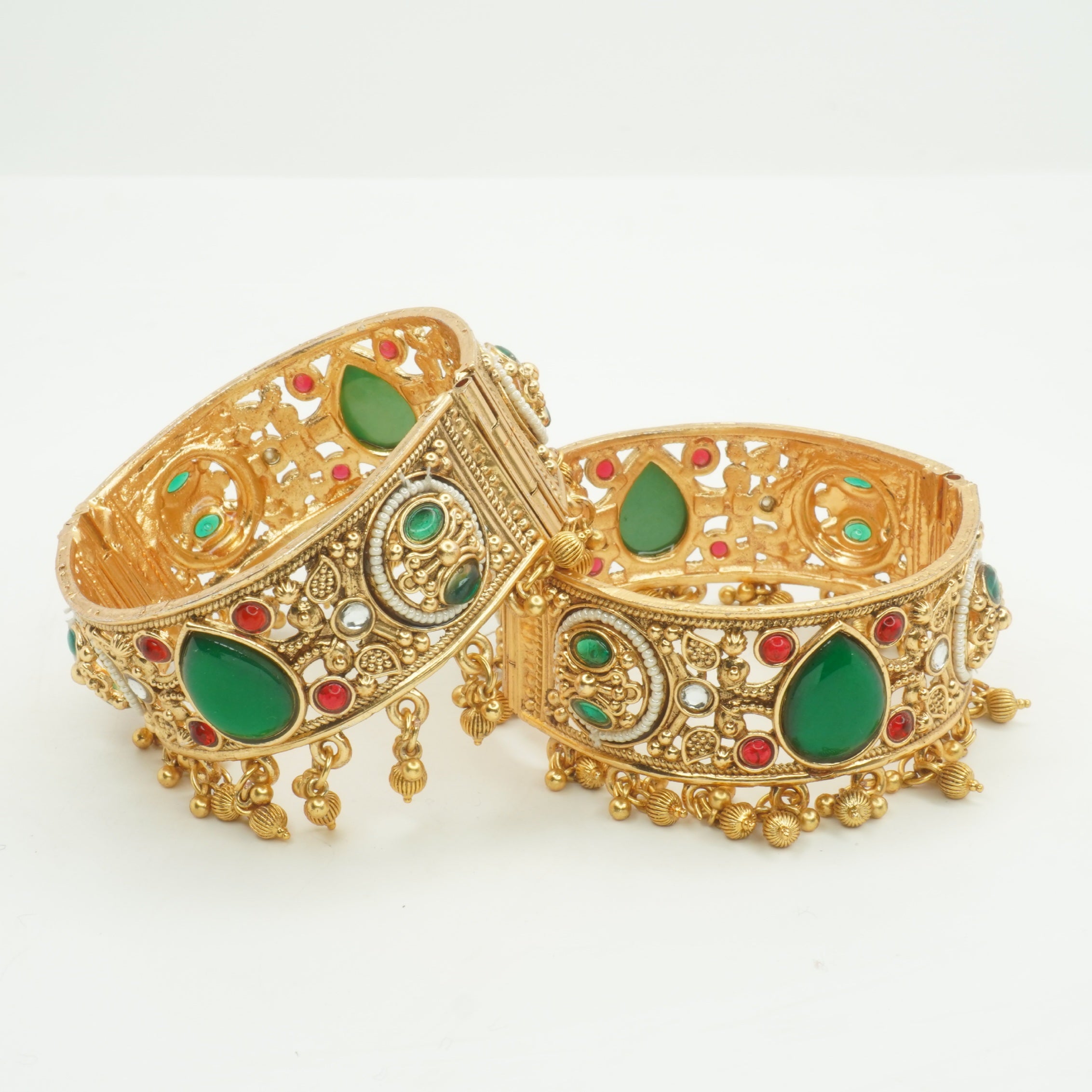 Traditional Bridal Gold Plated Emerald Ruby Pearl Openable Kangan Bangles Pair for Indian Wedding Wear