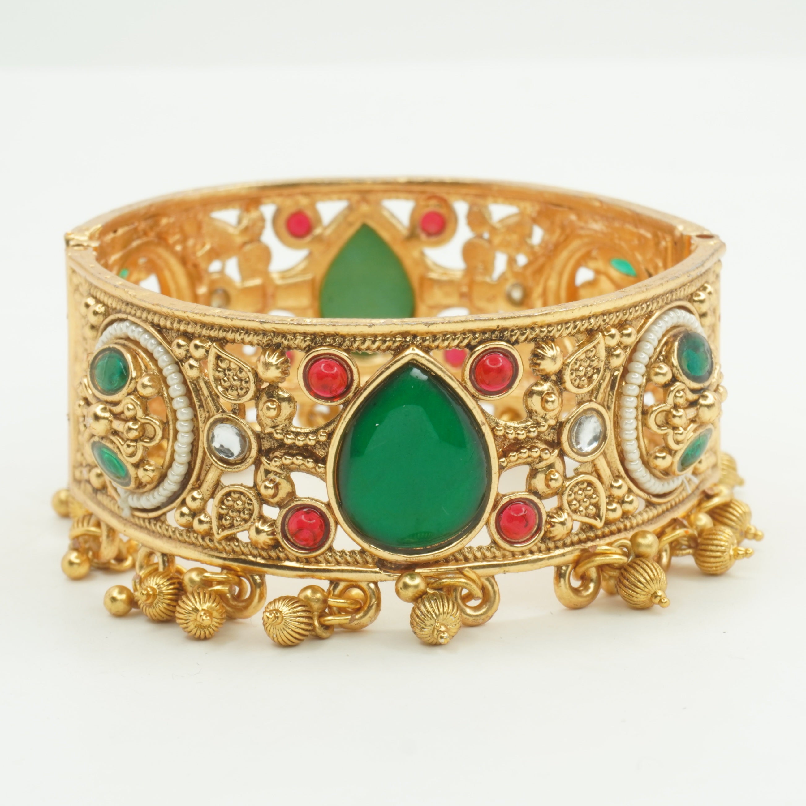 Traditional Bridal Gold Plated Emerald Ruby Pearl Openable Kangan Bangles Pair for Indian Wedding Wear
