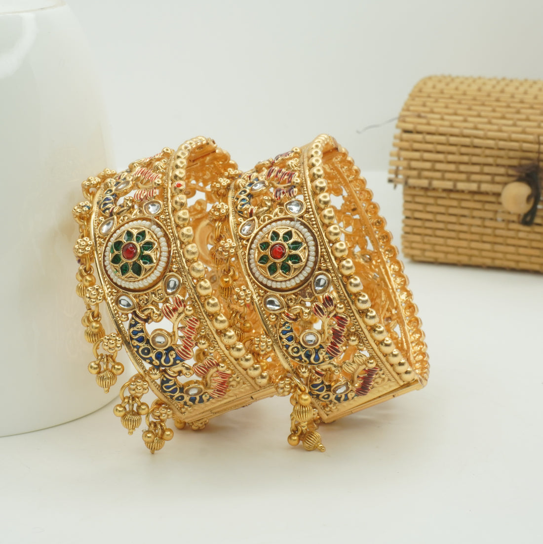 Indian Gold Plated Meenakari Kundan Bridal Bangles Pair Handmade Ethnic Wedding Jewelry for Women
