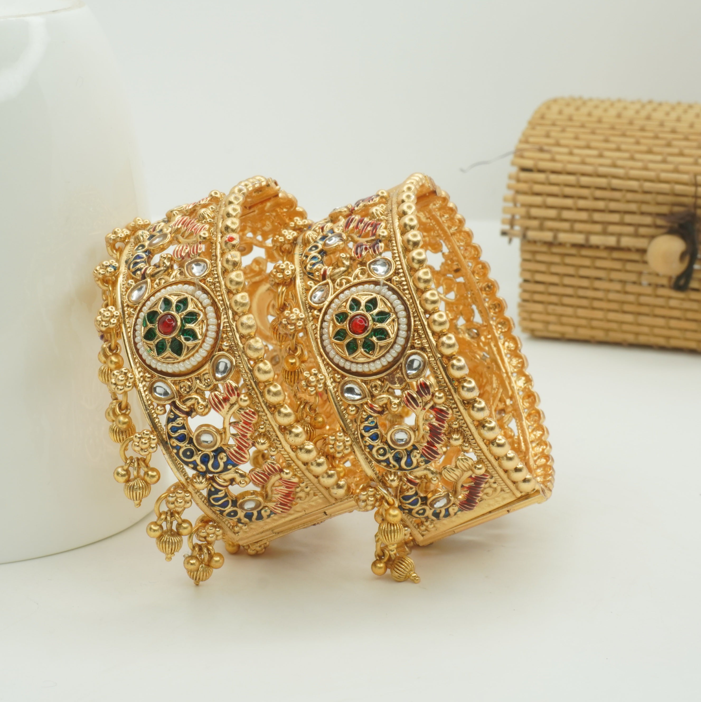 Indian Gold Plated Meenakari Kundan Bridal Bangles Pair Handmade Ethnic Wedding Jewelry for Women