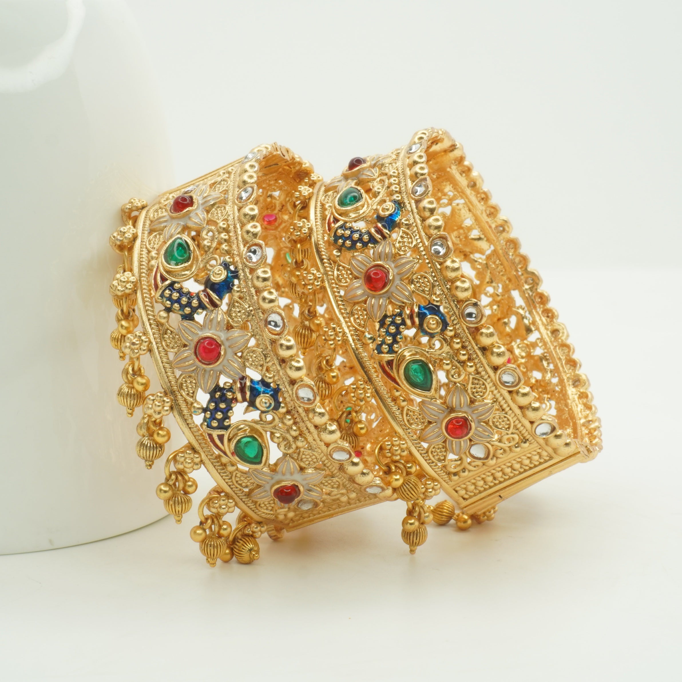 Designer Gold Plated Peacock Meenakari Kundan Kangan Bangles Pair for Women Traditional Bridal Wedding Ethnic Jewellery