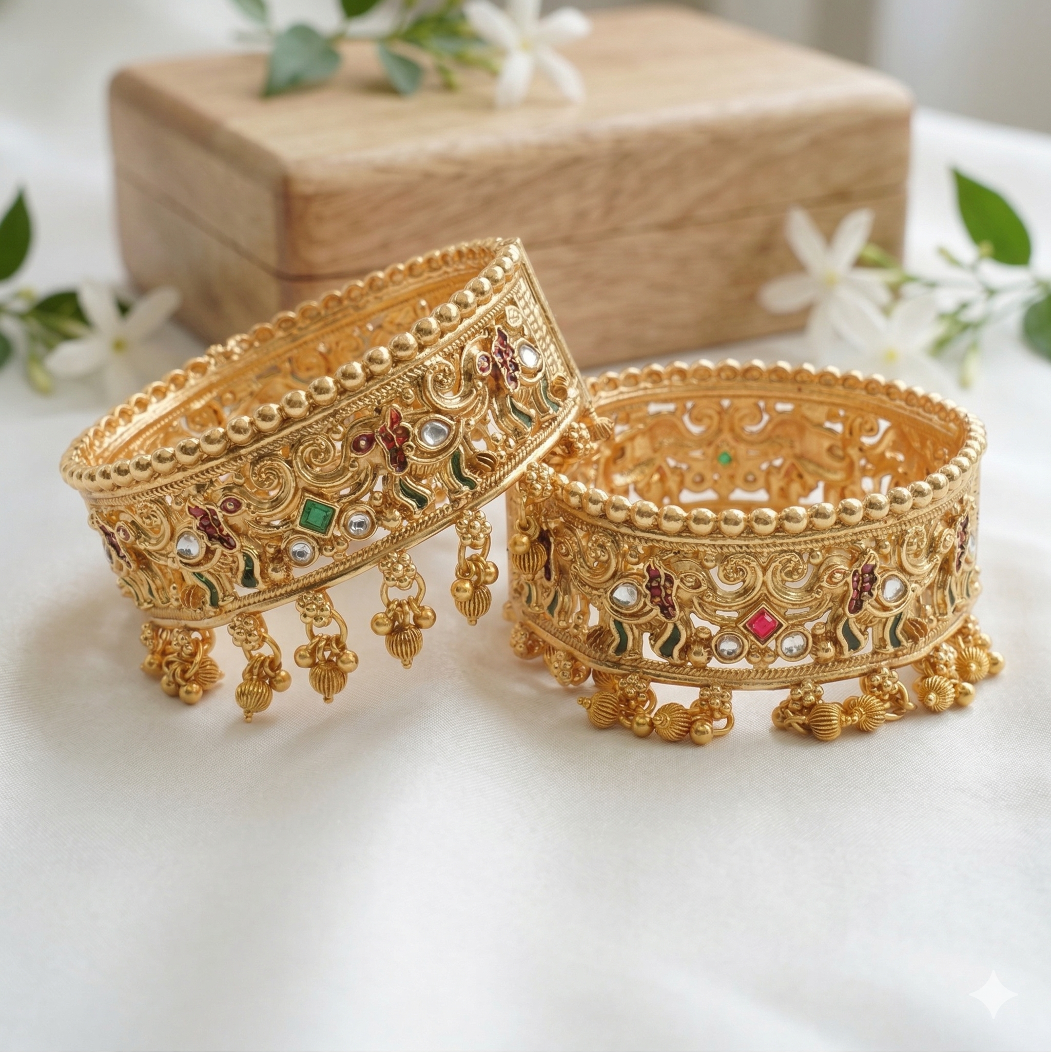 Designer Gold Plated Meenakari Kundan Jali Ghungroo Kangan Bangles Pair for Women Bridal Wedding Traditional Party Wear