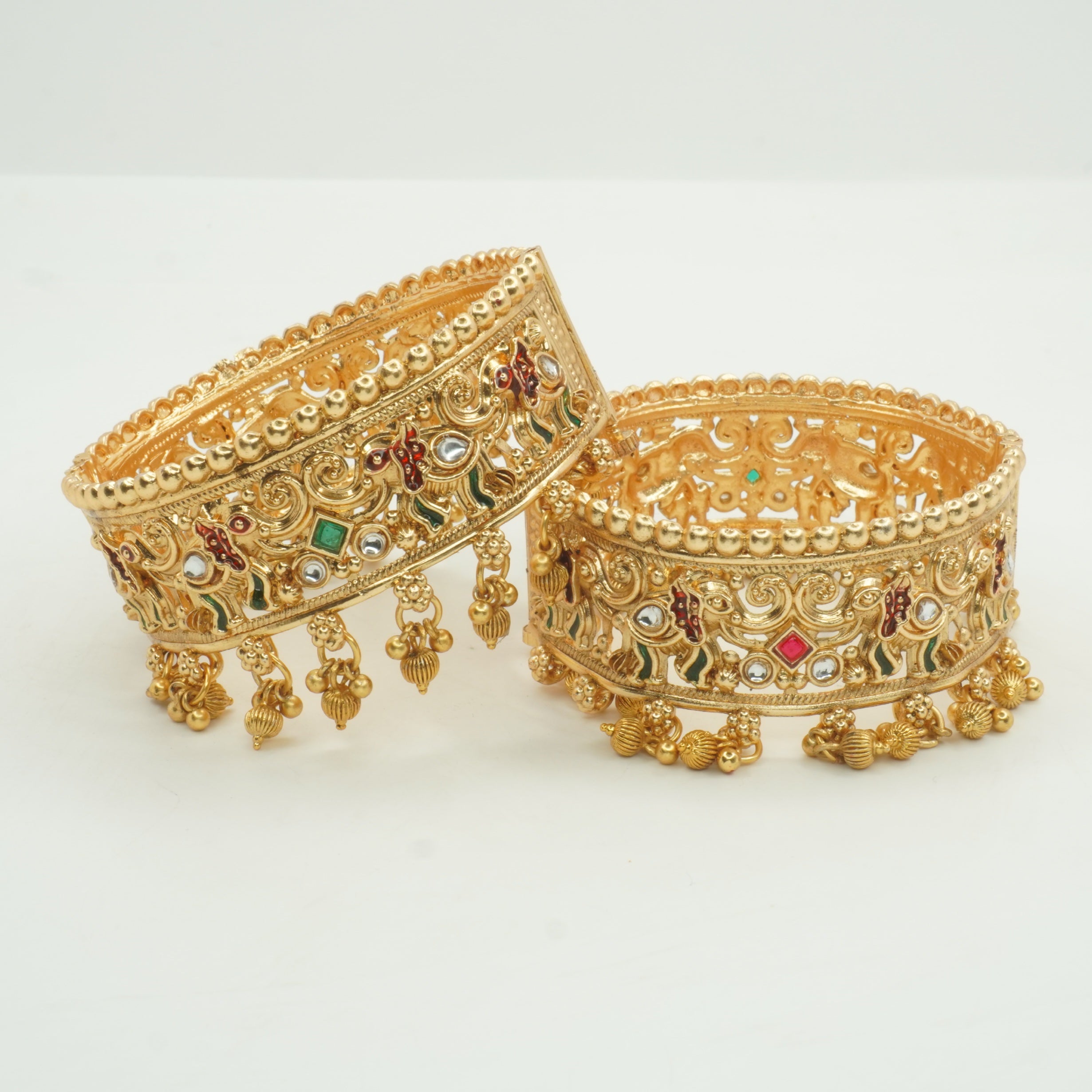 Designer Gold Plated Meenakari Kundan Jali Ghungroo Kangan Bangles Pair for Women Bridal Wedding Traditional Party Wear