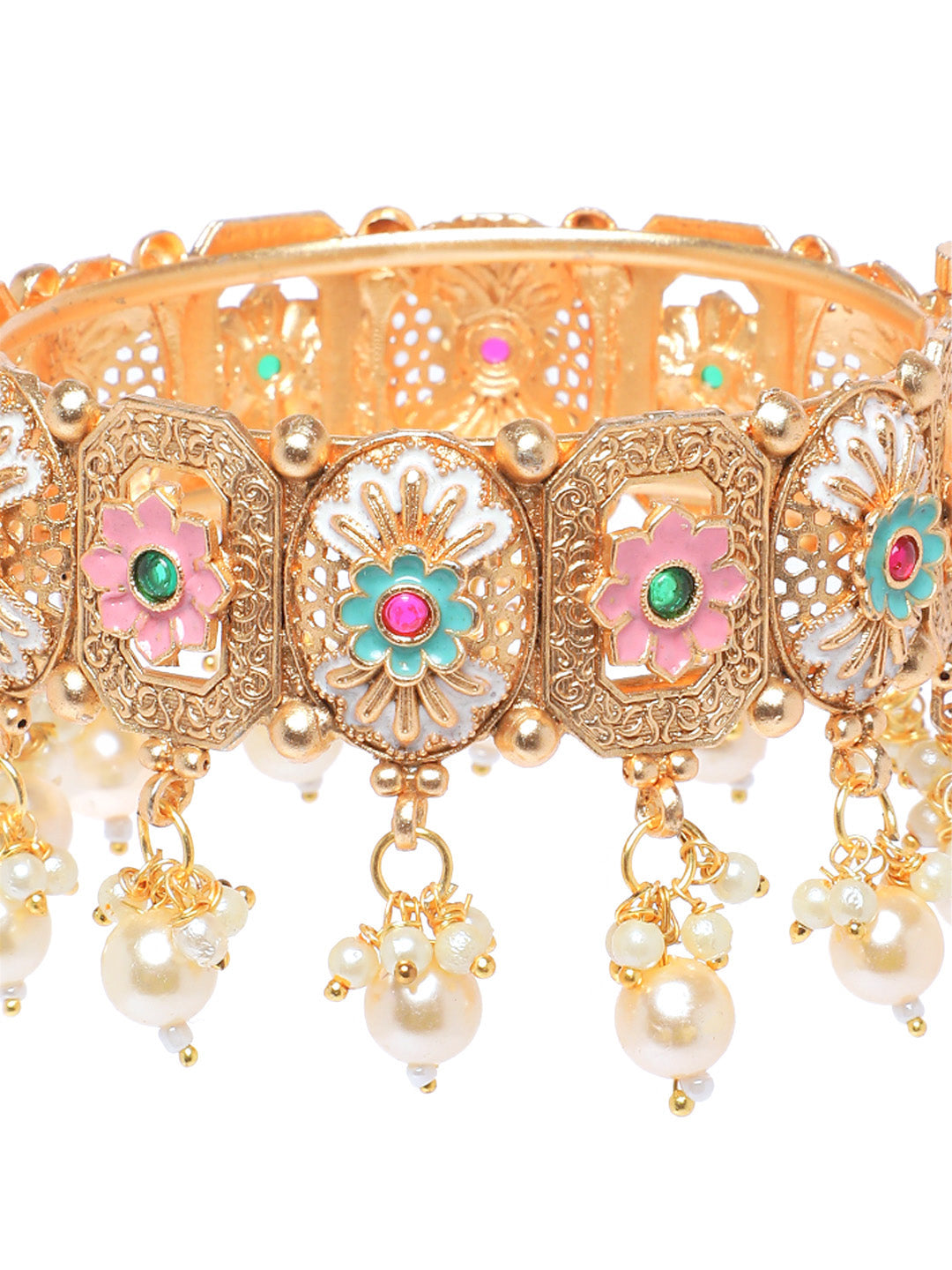 Designer Gold Plated Meenakari Floral Pearl Kangan Pair for Women Traditional Bridal Wedding Bangles