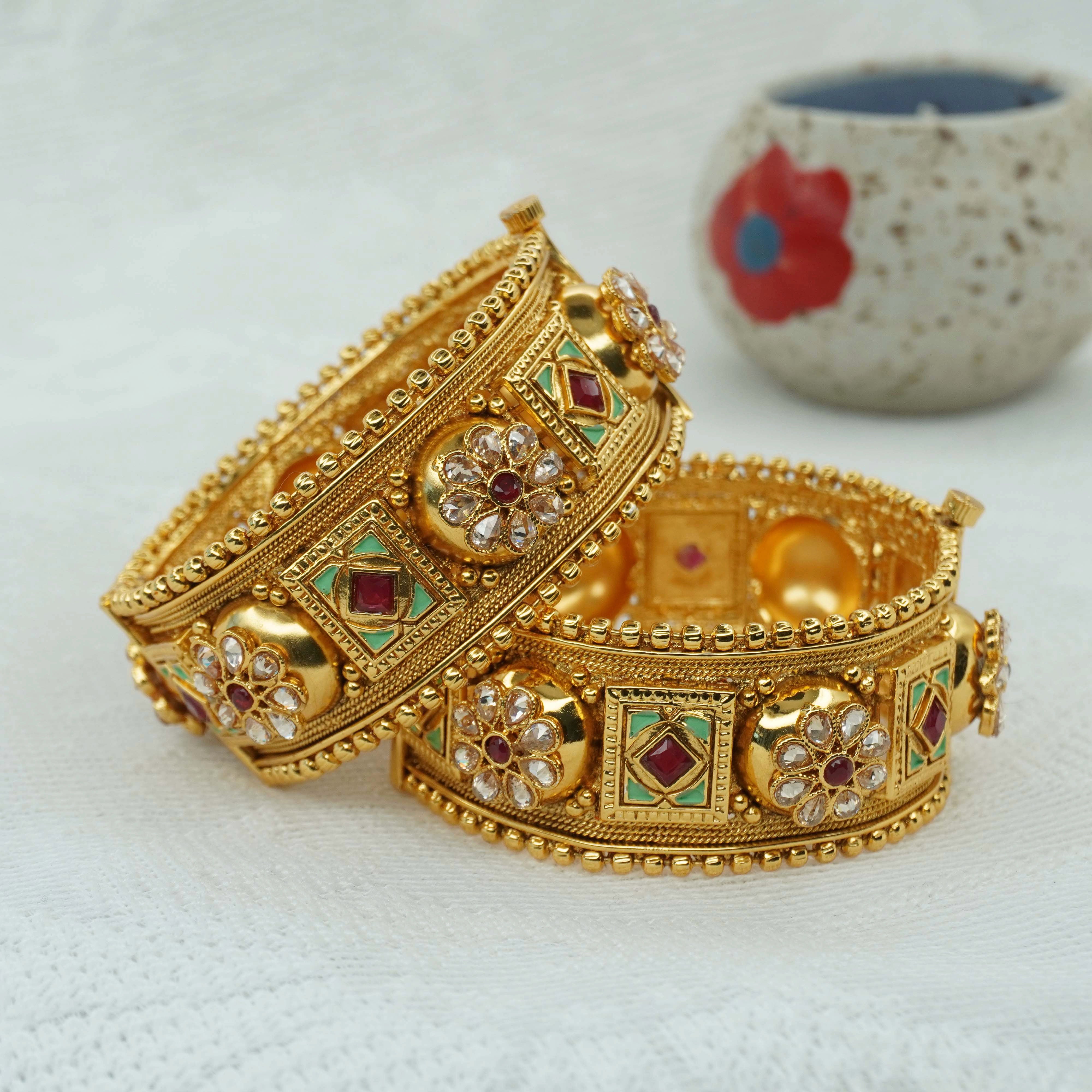 Handcrafted Indian Gold Plated Kundan Meenakari Bridal Bangles Pair Ethnic Wedding Jewelry for Women