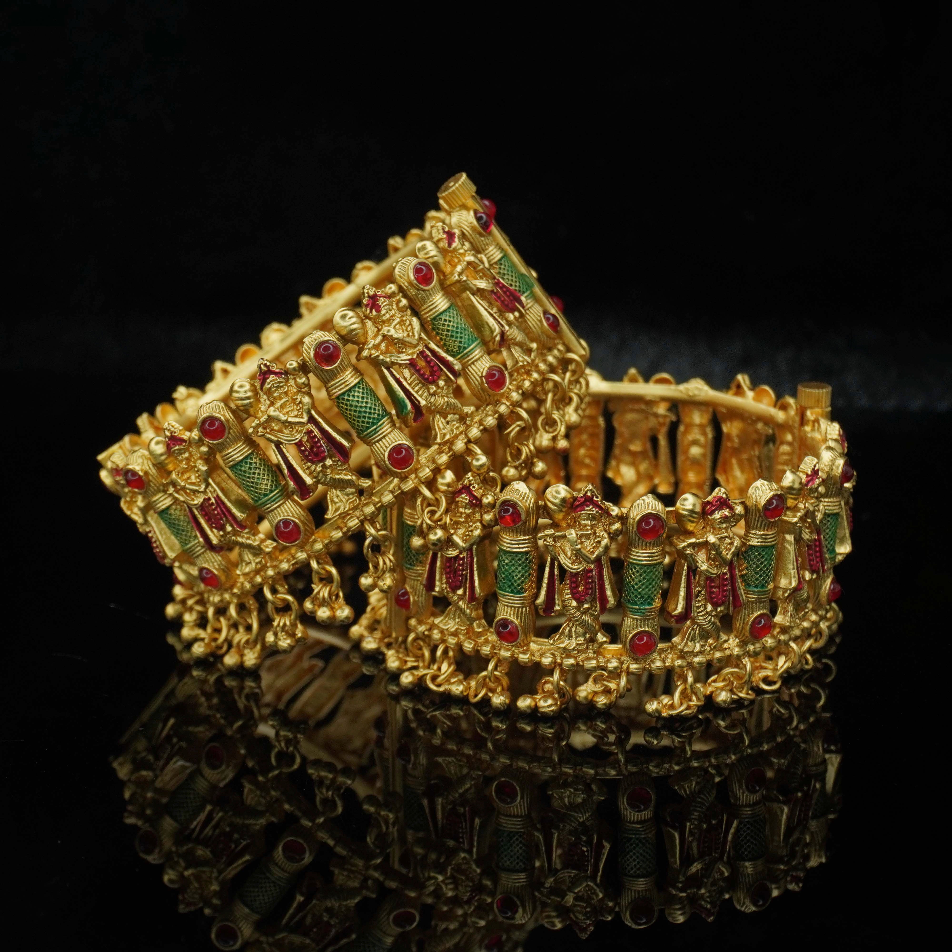 Indian Handmade Gold Tone Meenakari Temple Bangles Pair Ethnic Bridal Jewelry for Women