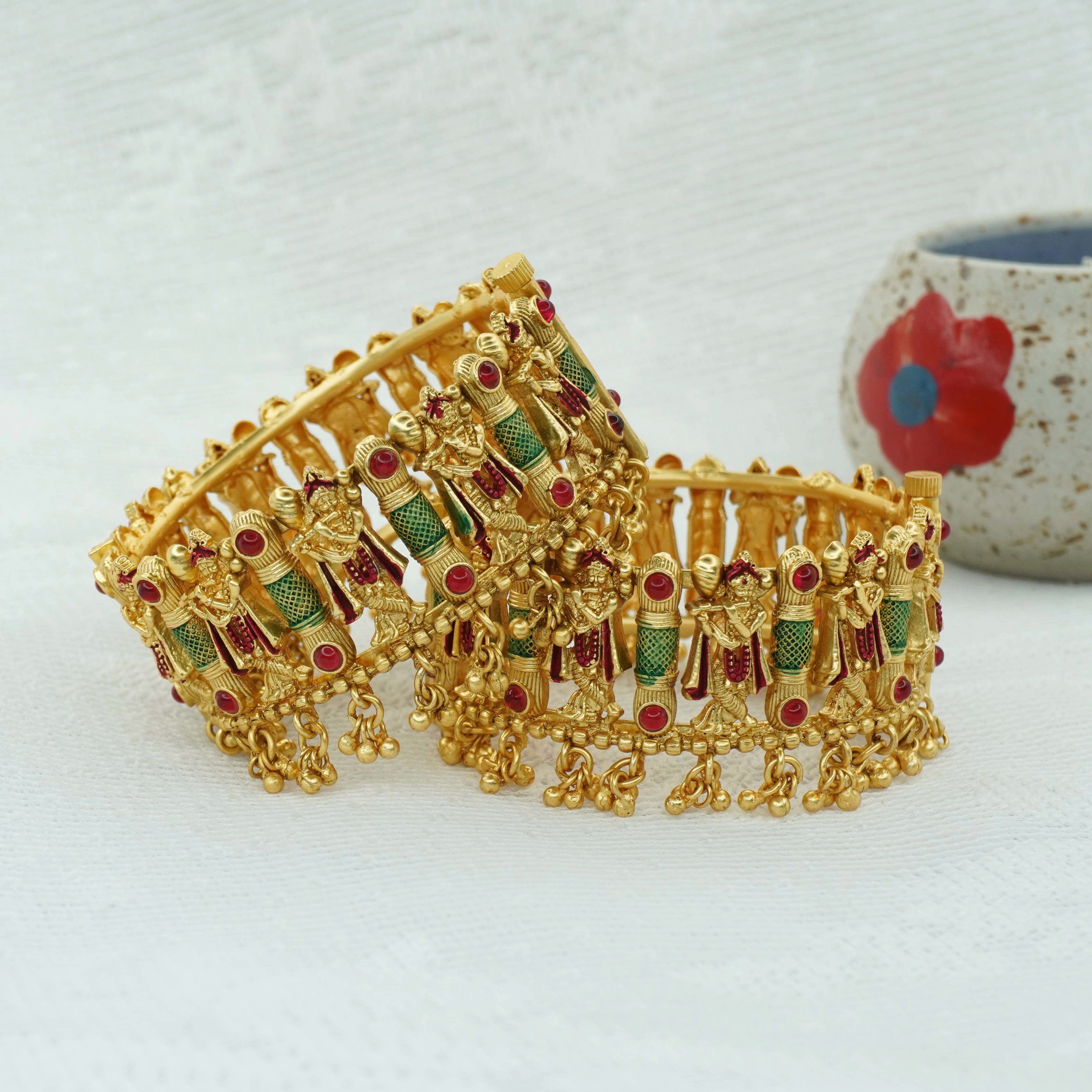 Indian Handmade Gold Tone Meenakari Temple Bangles Pair Ethnic Bridal Jewelry for Women