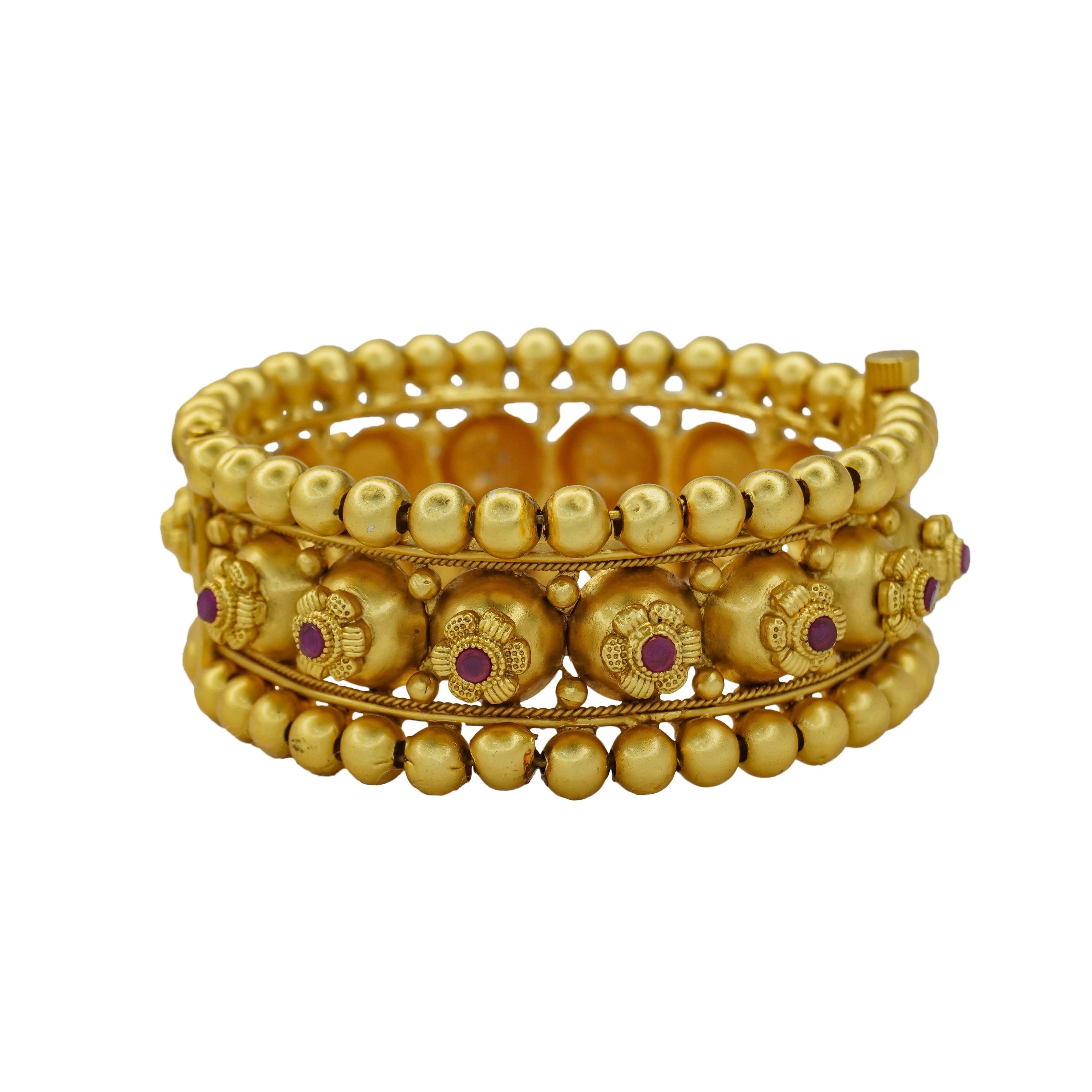 Designer Antique Gold Plated Temple Kangan Bangles Pair with Ruby Floral Motif for Women Traditional Bridal Wedding Party Wear