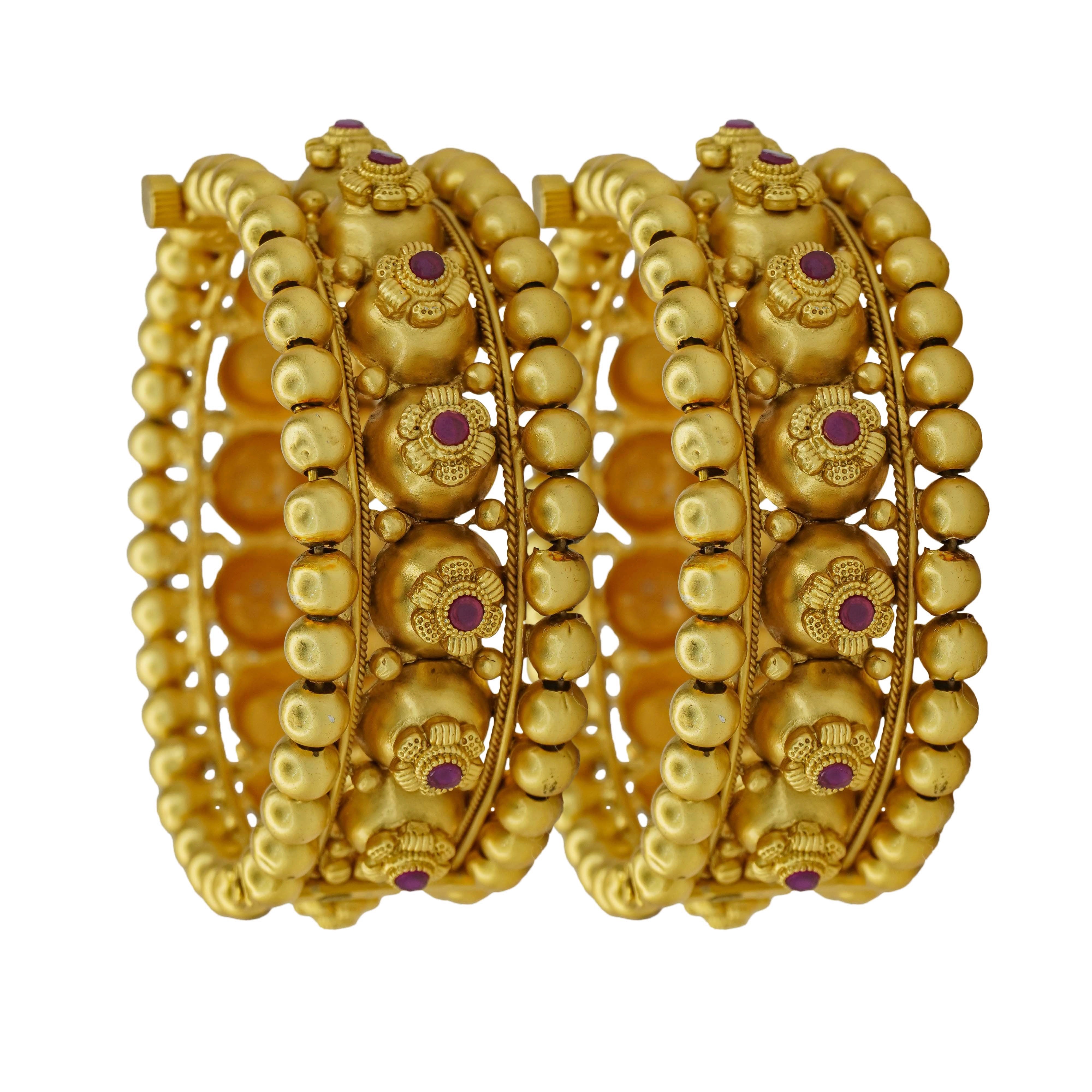Designer Antique Gold Plated Temple Kangan Bangles Pair with Ruby Floral Motif for Women Traditional Bridal Wedding Party Wear