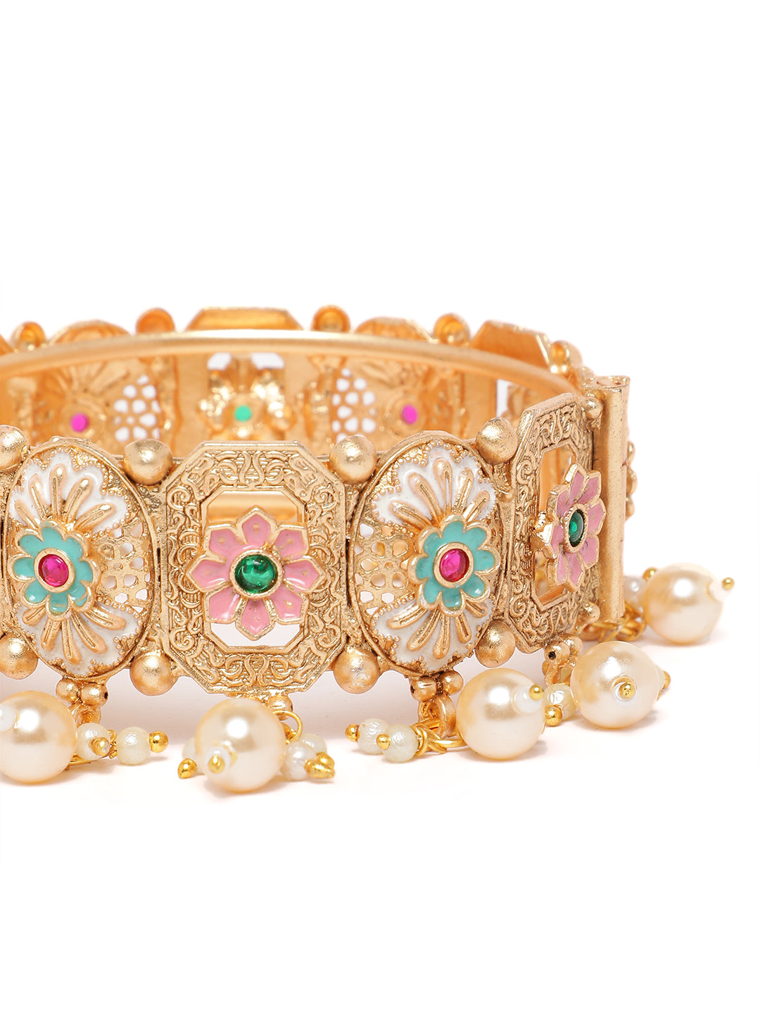Designer Gold Plated Meenakari Floral Pearl Kangan Pair for Women Traditional Bridal Wedding Bangles