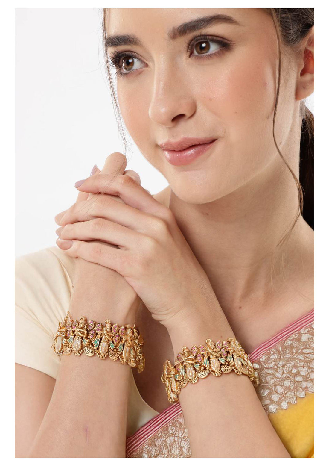Gold Plated Lord Krishna Temple Bangles Pair for Women Traditional Meenakari Bridal Kangan
