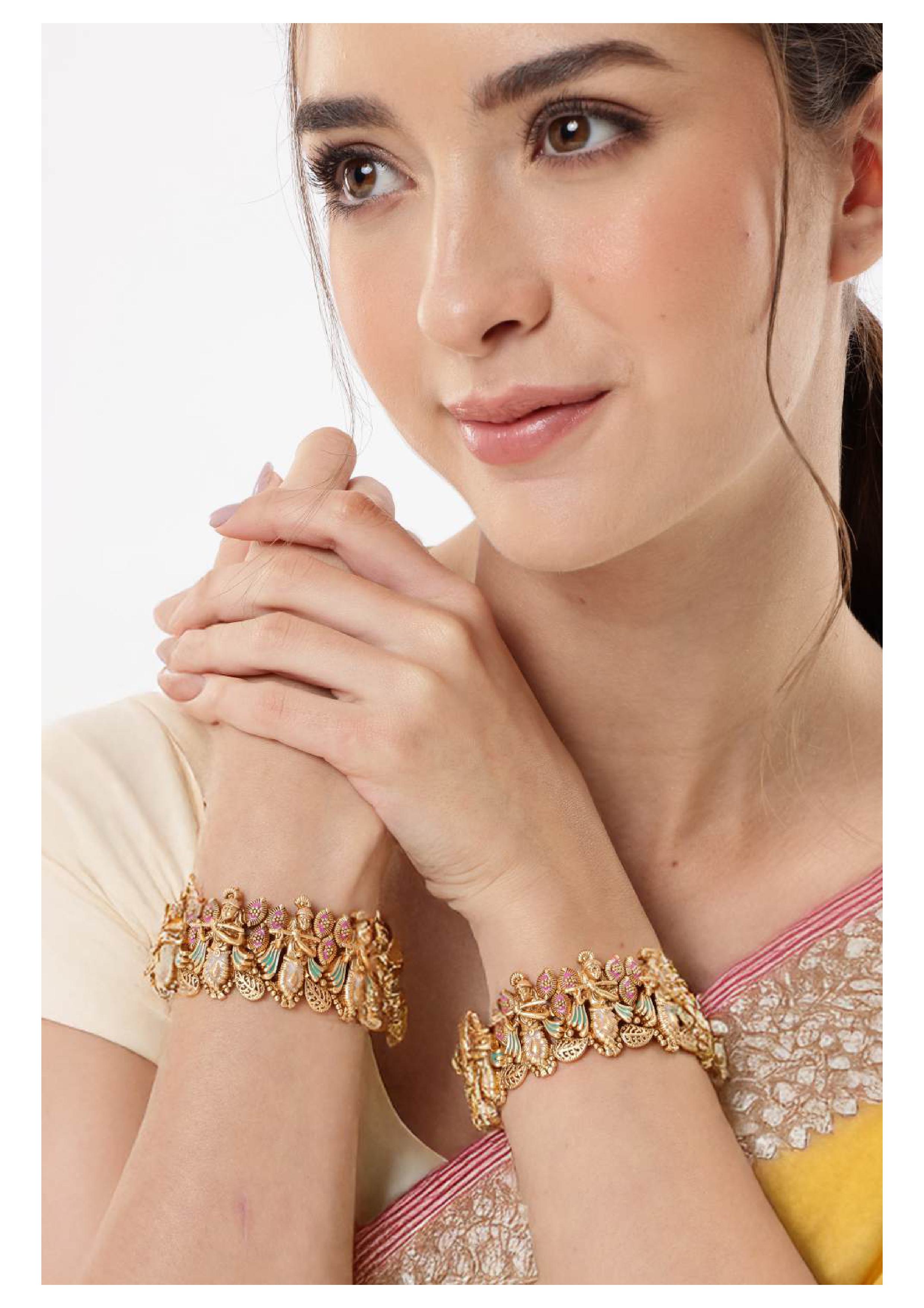 Gold Plated Lord Krishna Temple Bangles Pair for Women Traditional Meenakari Bridal Kangan