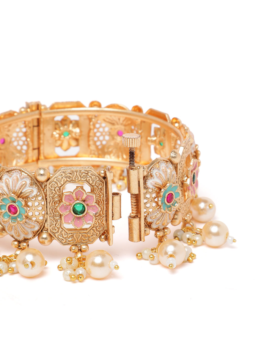 Designer Gold Plated Meenakari Floral Pearl Kangan Pair for Women Traditional Bridal Wedding Bangles