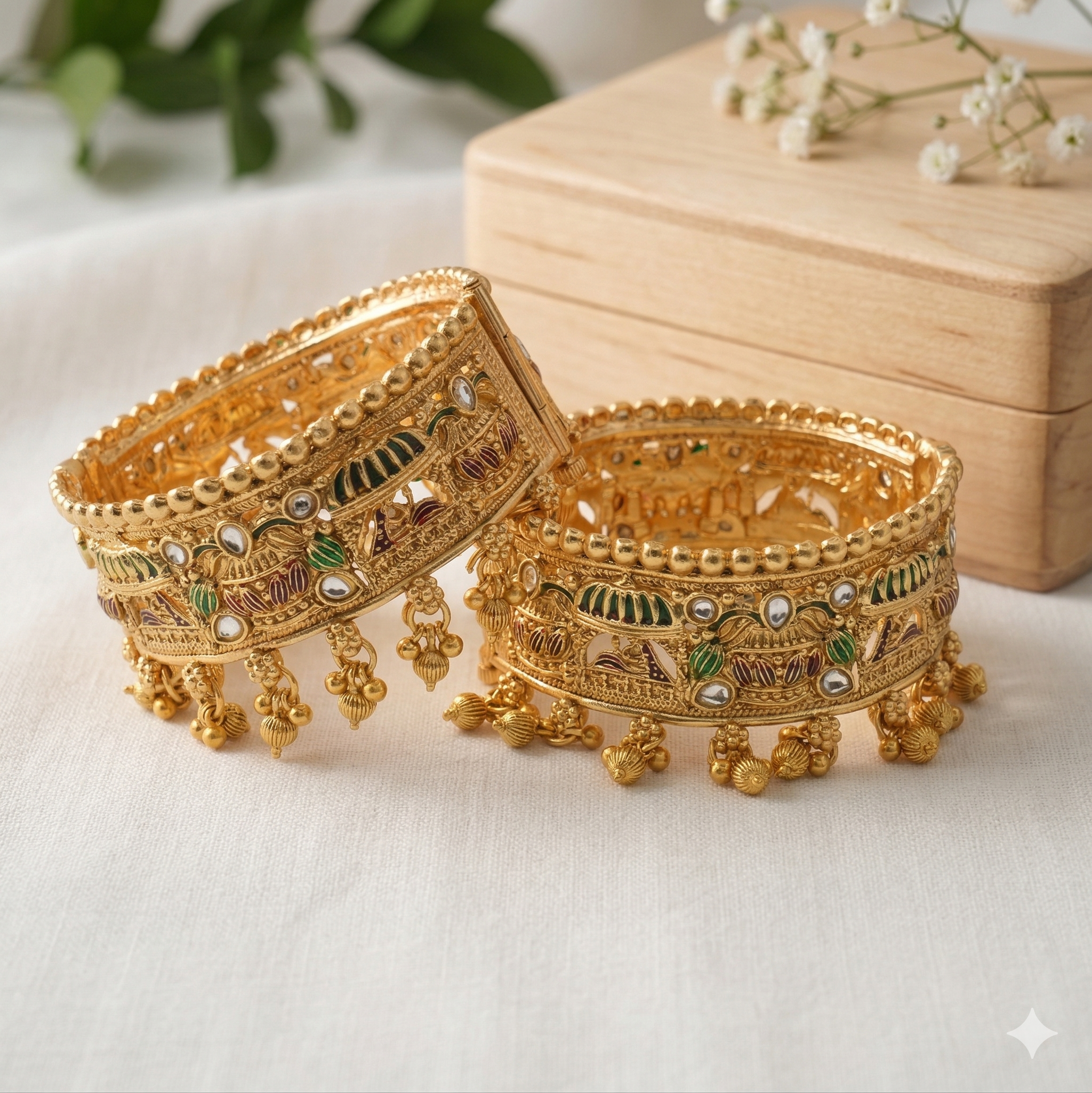 Latest Gold Plated Traditional Kundan Meenakari Kangan Pair for Women Wedding Party Wear