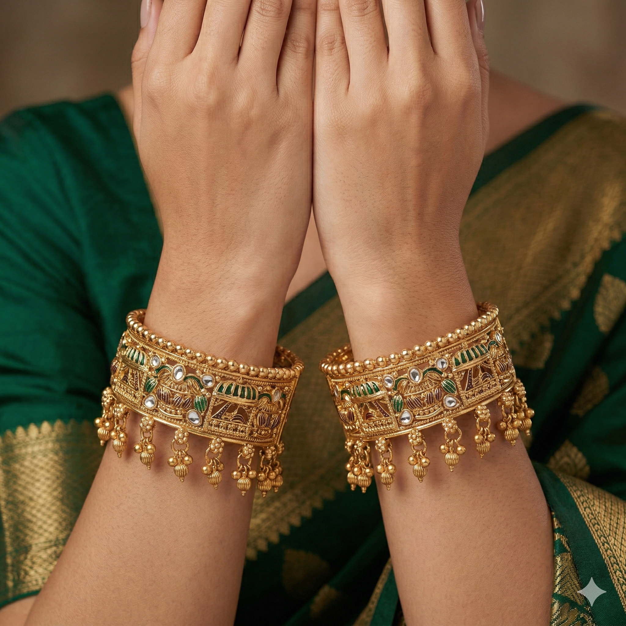 Latest Gold Plated Traditional Kundan Meenakari Kangan Pair for Women Wedding Party Wear