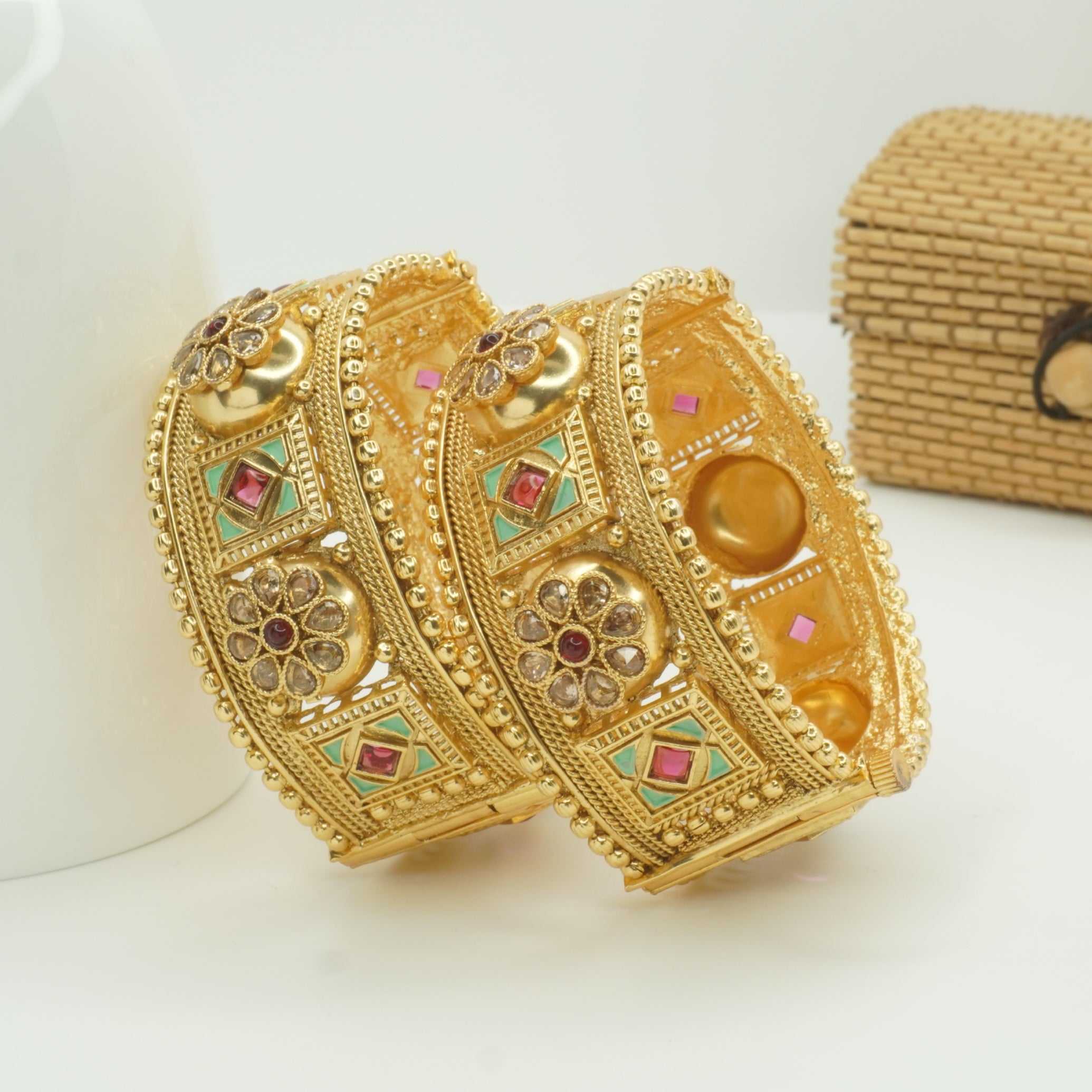 Handcrafted Indian Gold Plated Kundan Meenakari Bridal Bangles Pair Ethnic Wedding Jewelry for Women