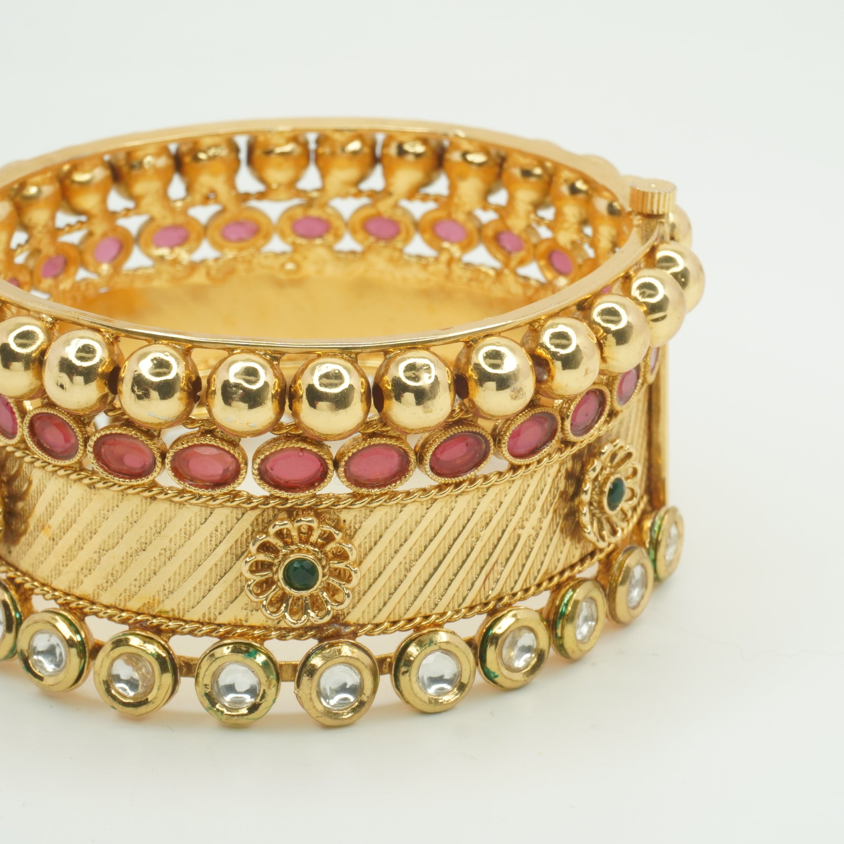 Handcrafted Indian Gold Plated Bridal Kangan Bracelet Pair with Mirror Kundan & Pink Enamel Ethnic Jewelry