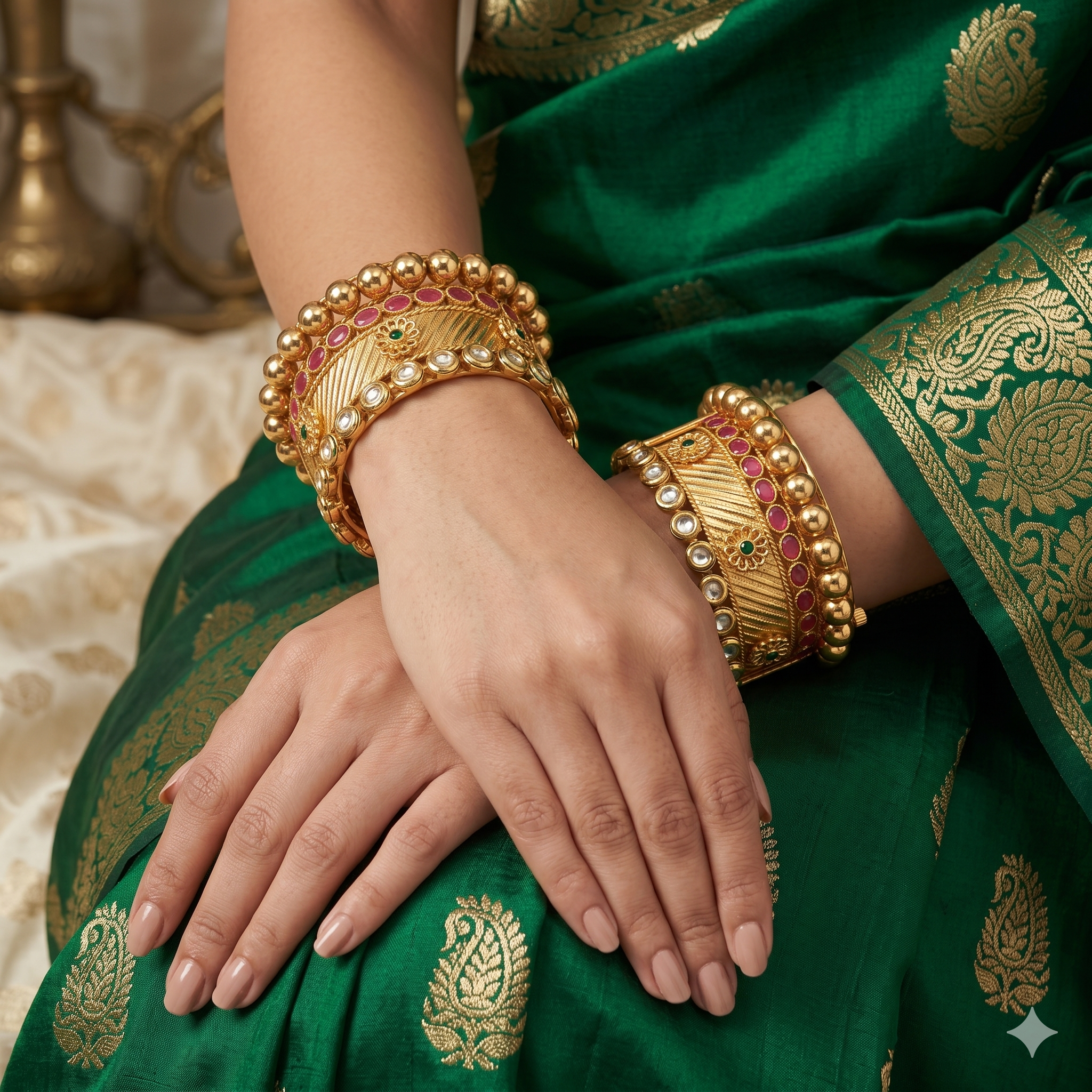 Handcrafted Indian Gold Plated Bridal Kangan Bracelet Pair with Mirror Kundan & Pink Enamel Ethnic Jewelry