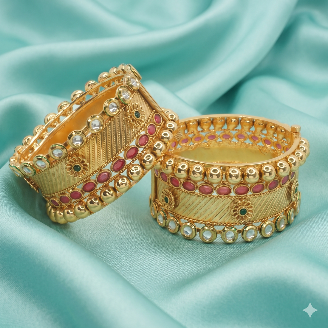 Handcrafted Indian Gold Plated Bridal Kangan Bracelet Pair with Mirror Kundan & Pink Enamel Ethnic Jewelry