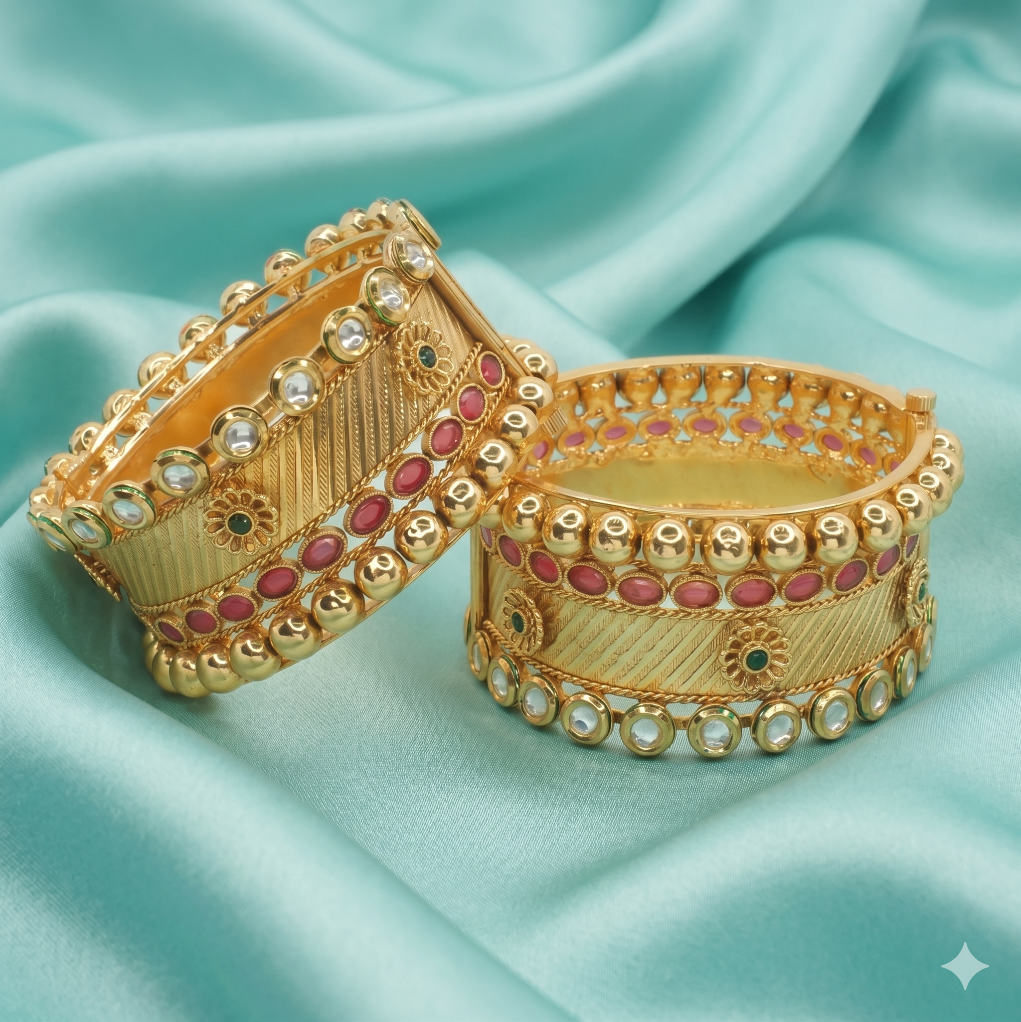 Handcrafted Indian Gold Plated Bridal Kangan Bracelet Pair with Mirror Kundan & Pink Enamel Ethnic Jewelry