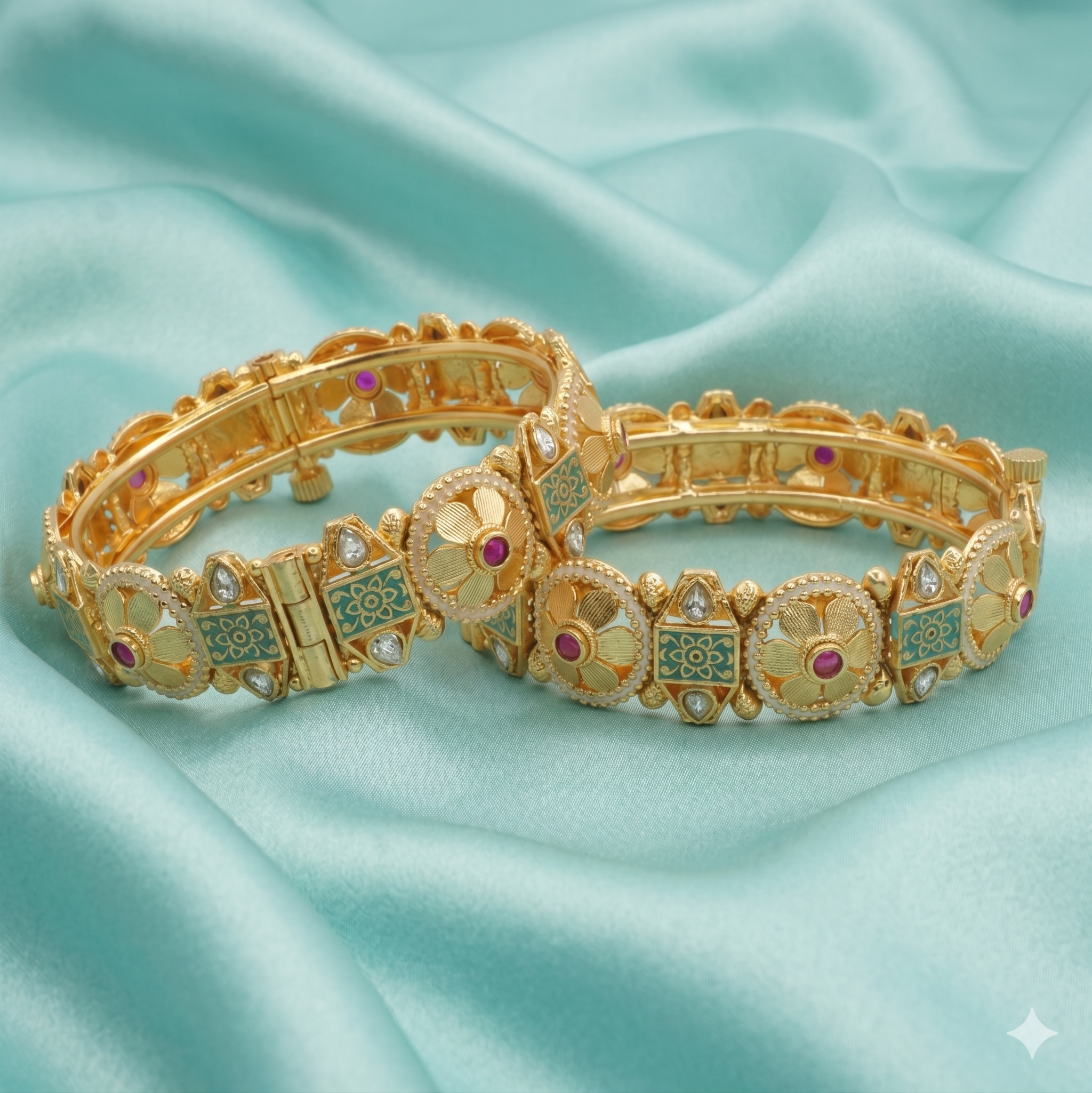 Indian Gold Plated Meenakari Floral Hinged Bangle Bracelet Pair | Traditional Bridal Jewelry Gift for Women