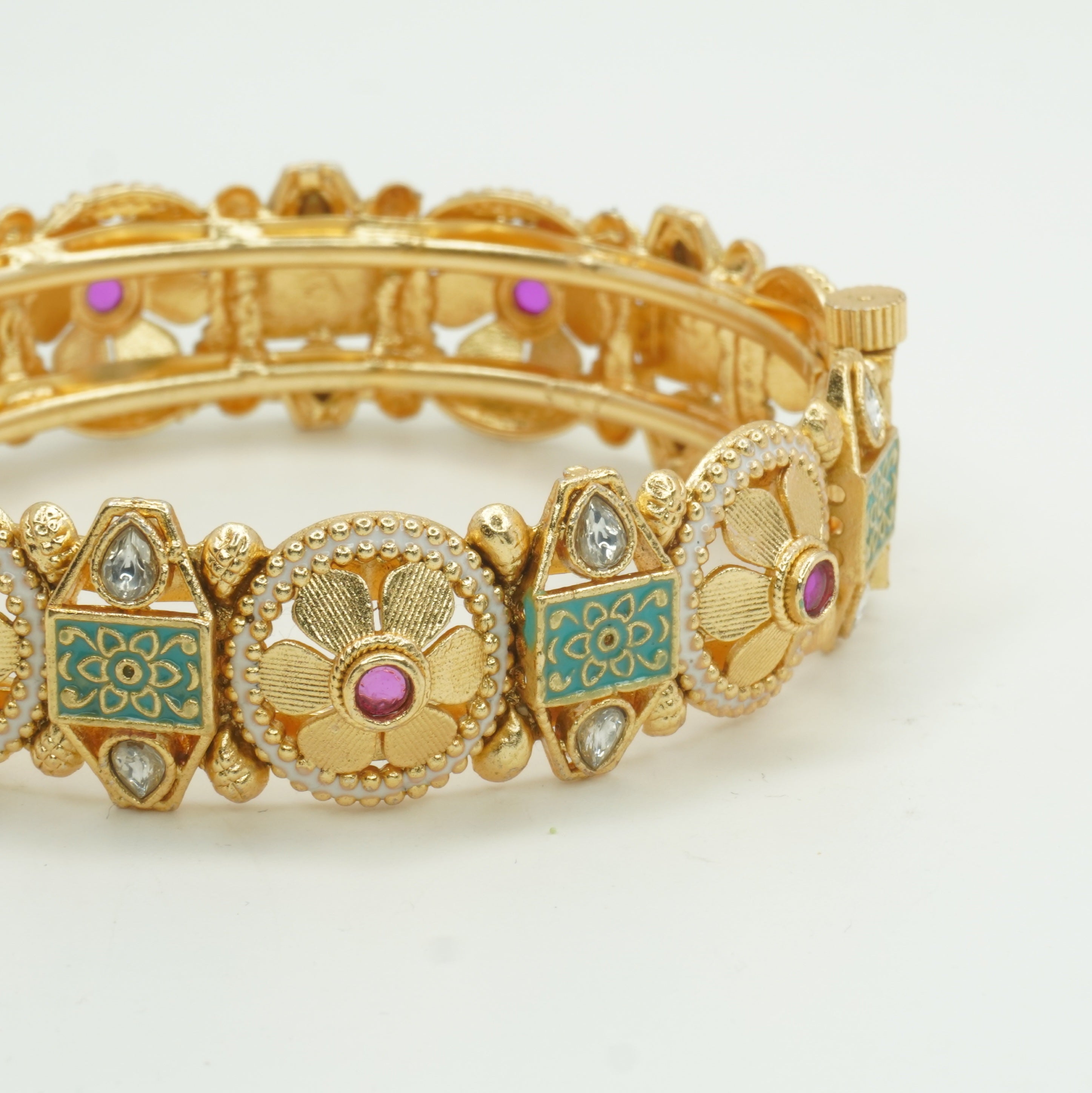 Indian Gold Plated Meenakari Floral Hinged Bangle Bracelet Pair | Traditional Bridal Jewelry Gift for Women