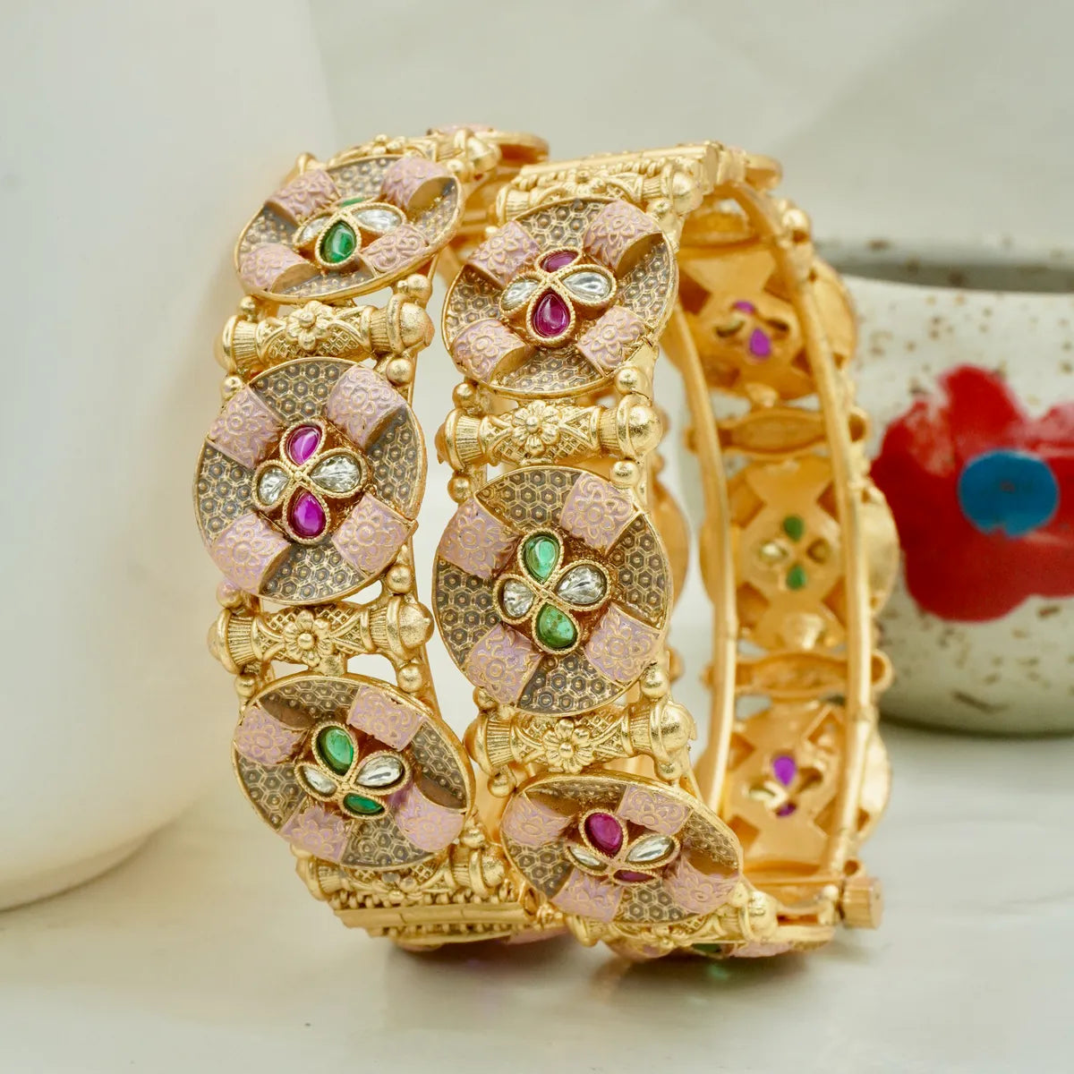 Designer Gold Plated Pink Meenakari Kundan Openable Kangan Bangles Pair for Women Traditional Bridal Wedding & Festive Wear