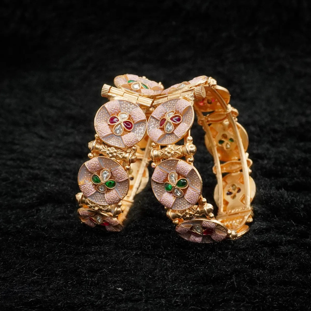 Designer Gold Plated Pink Meenakari Kundan Openable Kangan Bangles Pair for Women Traditional Bridal Wedding & Festive Wear