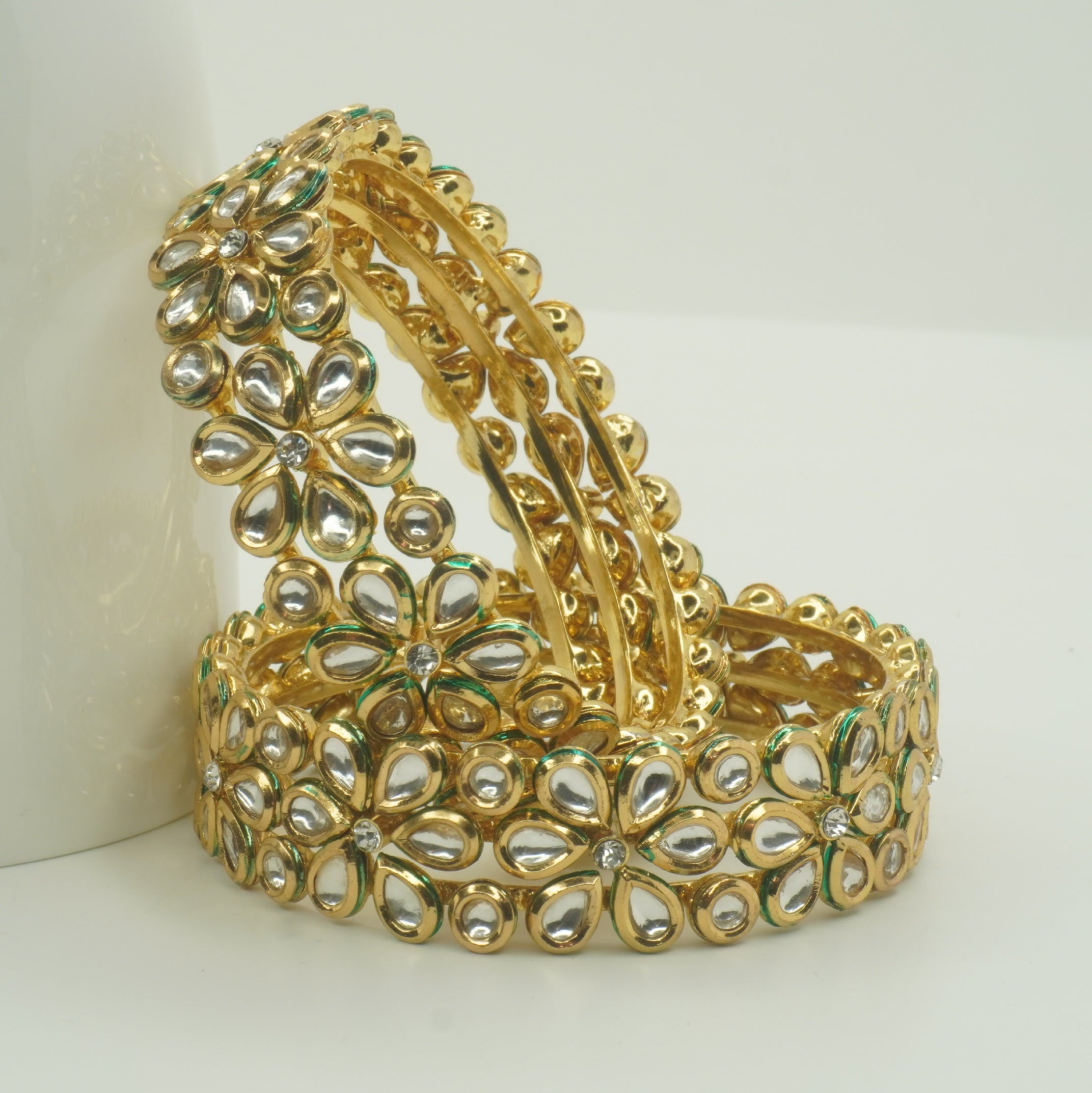 Premium Gold Plated Kundan Flower Bangles Pair for Women Wedding Bridal Ethnic Traditional Wear