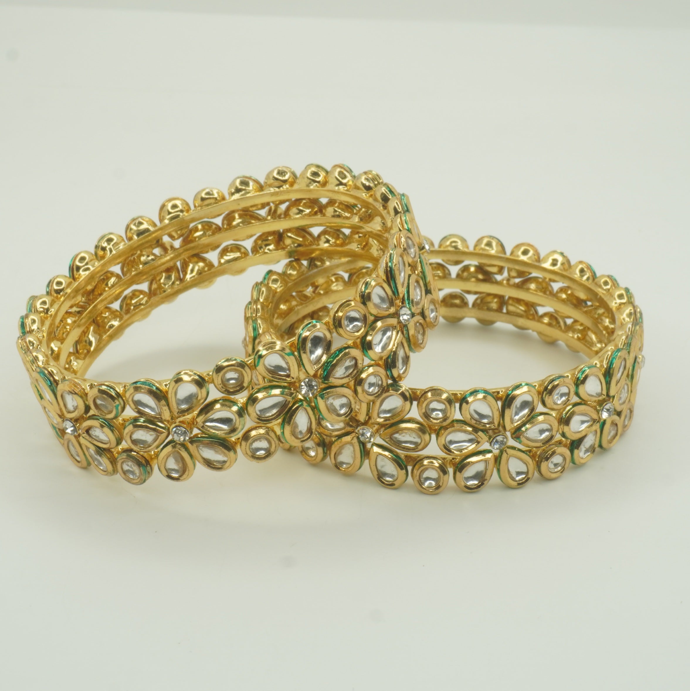 Premium Gold Plated Kundan Flower Bangles Pair for Women Wedding Bridal Ethnic Traditional Wear