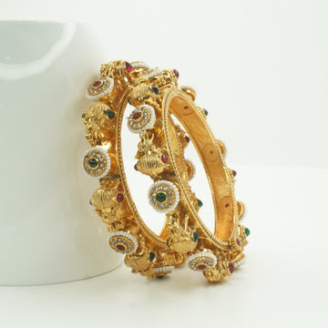 Gold-Plated Elephant Temple Kada Bangles Set of 2 with Ruby, Emerald & Pearl Work – Bridal Wear