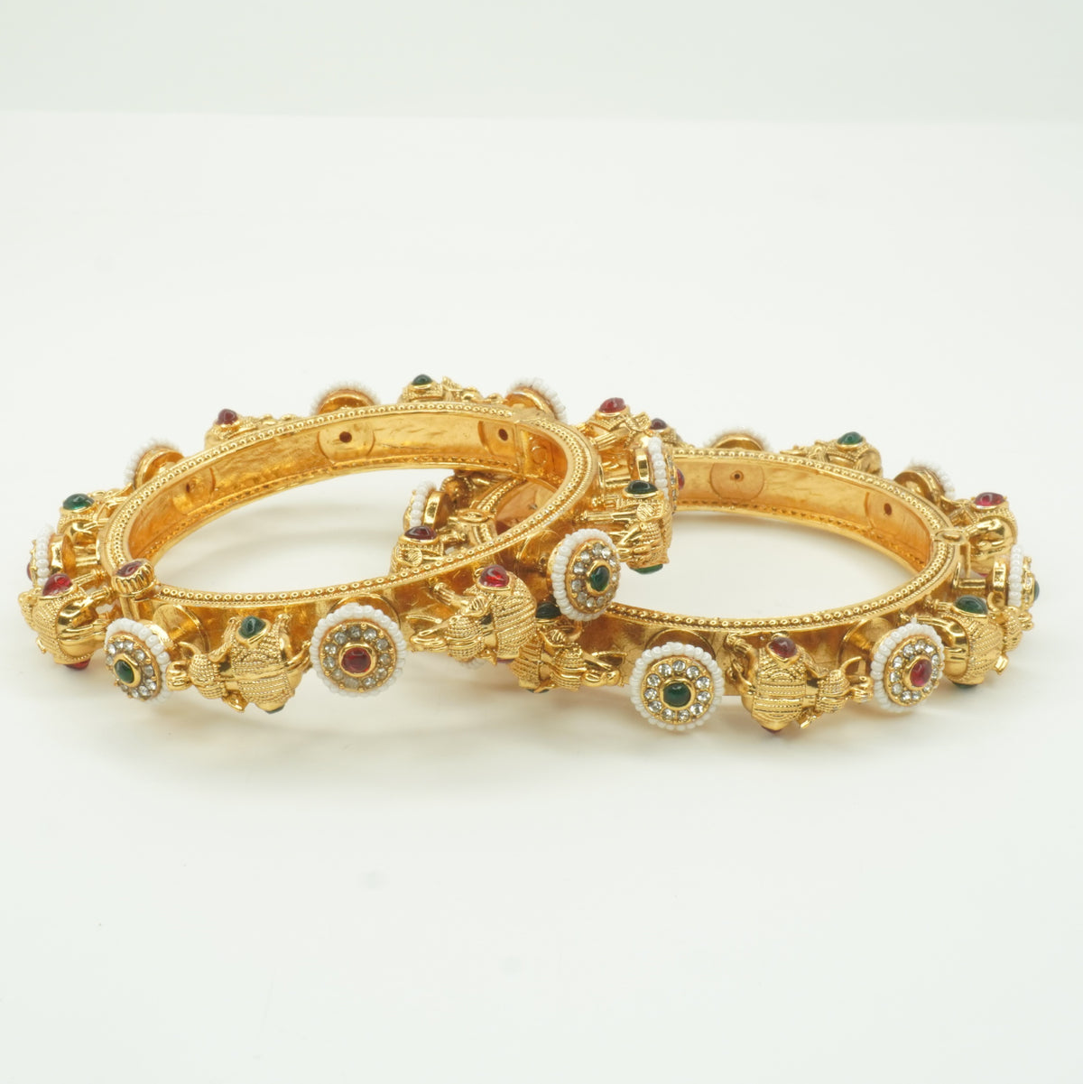 Gold-Plated Elephant Temple Kada Bangles Set of 2 with Ruby, Emerald & Pearl Work – Bridal Wear