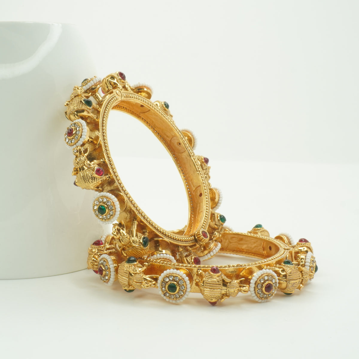 Gold-Plated Elephant Temple Kada Bangles Set of 2 with Ruby, Emerald & Pearl Work – Bridal Wear