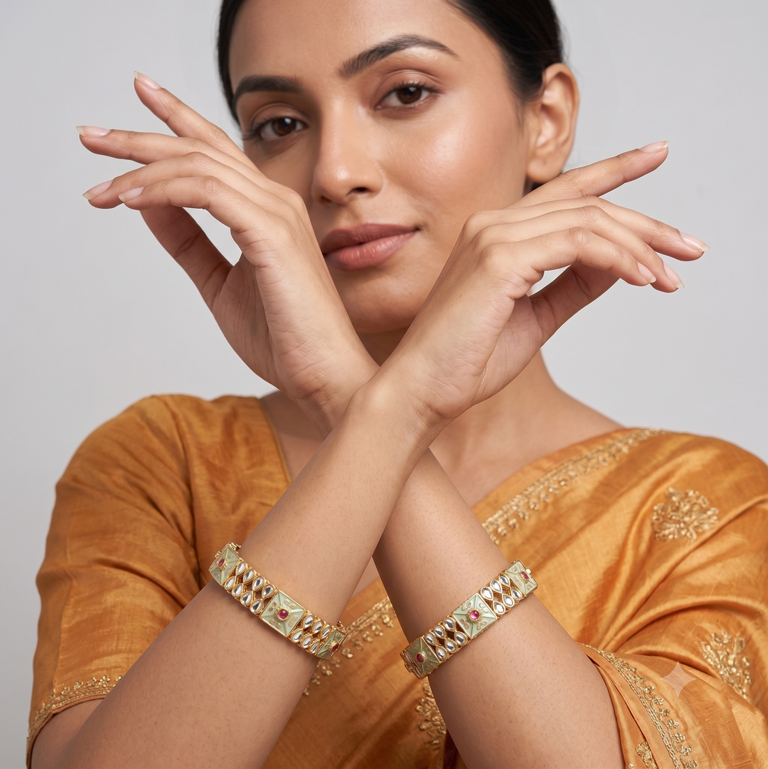 Gold-Plated Mint Green Meenakari Kundan Bangles Set of 2 – Jaipuri Enamel Traditional Wear