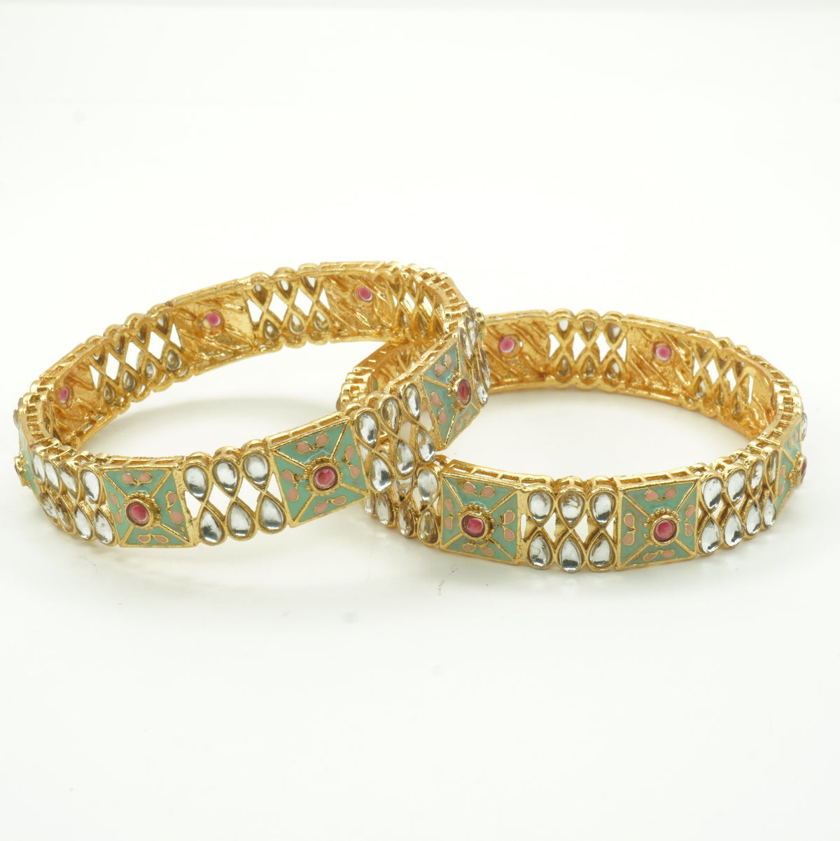 Gold-Plated Mint Green Meenakari Kundan Bangles Set of 2 – Jaipuri Enamel Traditional Wear
