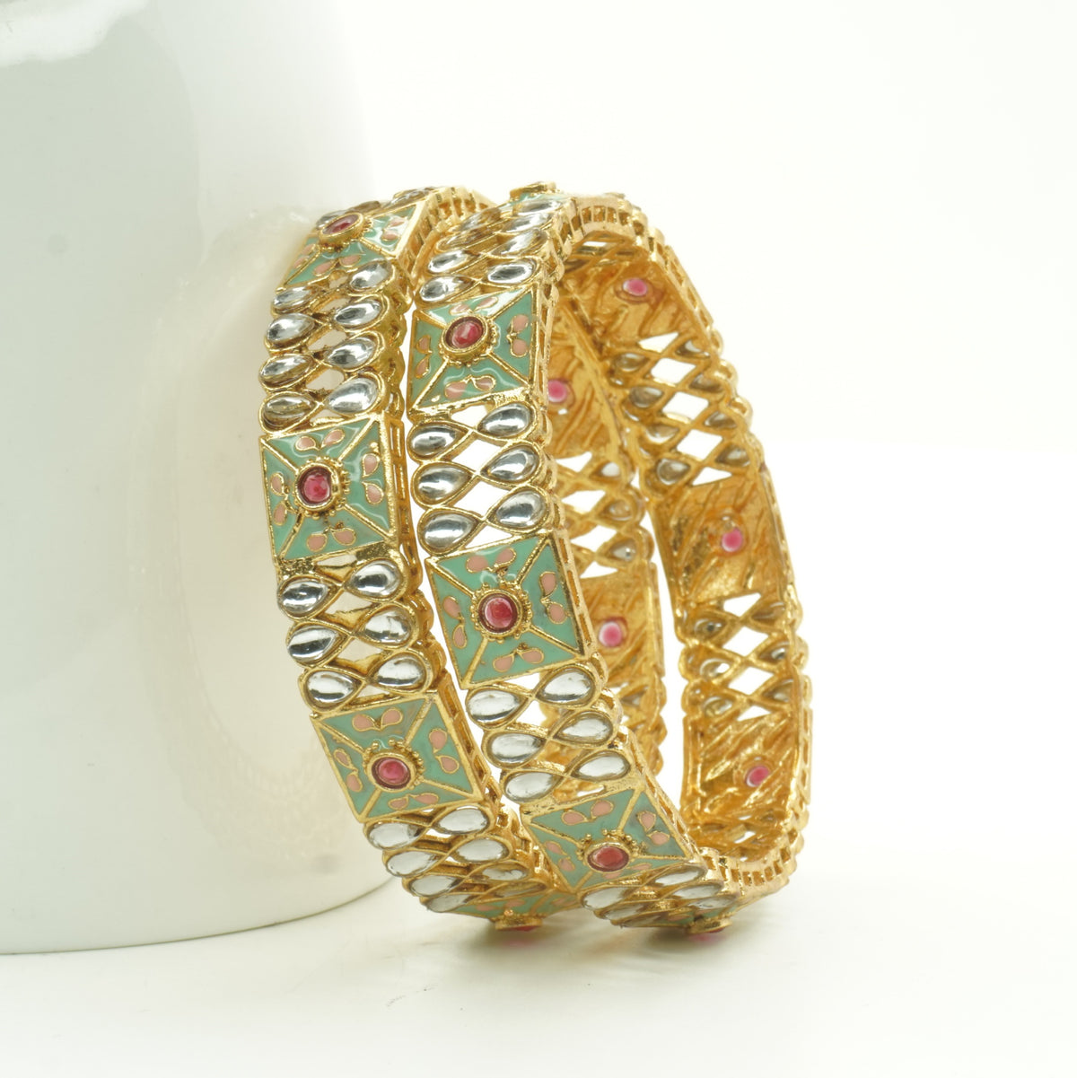 Gold-Plated Mint Green Meenakari Kundan Bangles Set of 2 – Jaipuri Enamel Traditional Wear