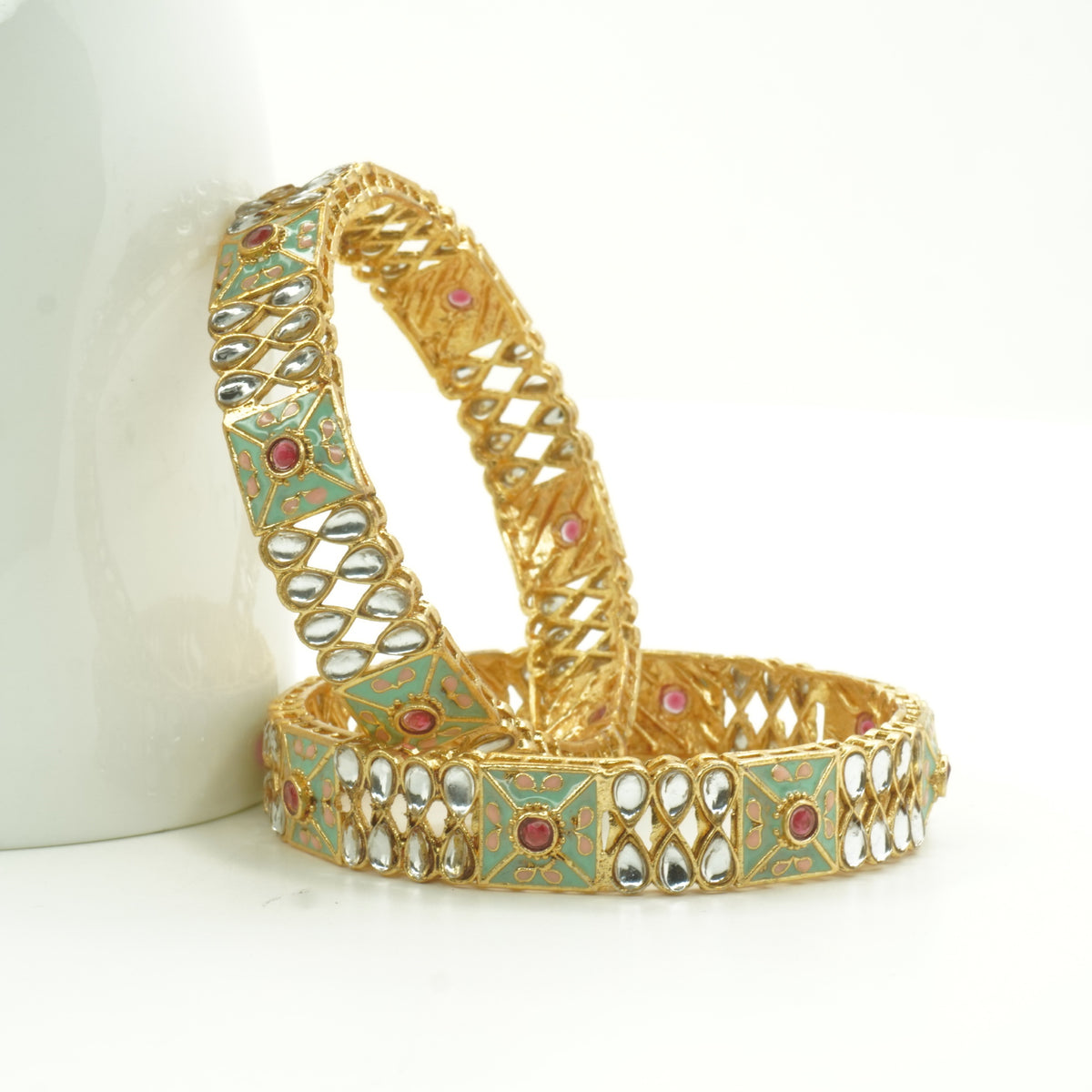 Gold-Plated Mint Green Meenakari Kundan Bangles Set of 2 – Jaipuri Enamel Traditional Wear