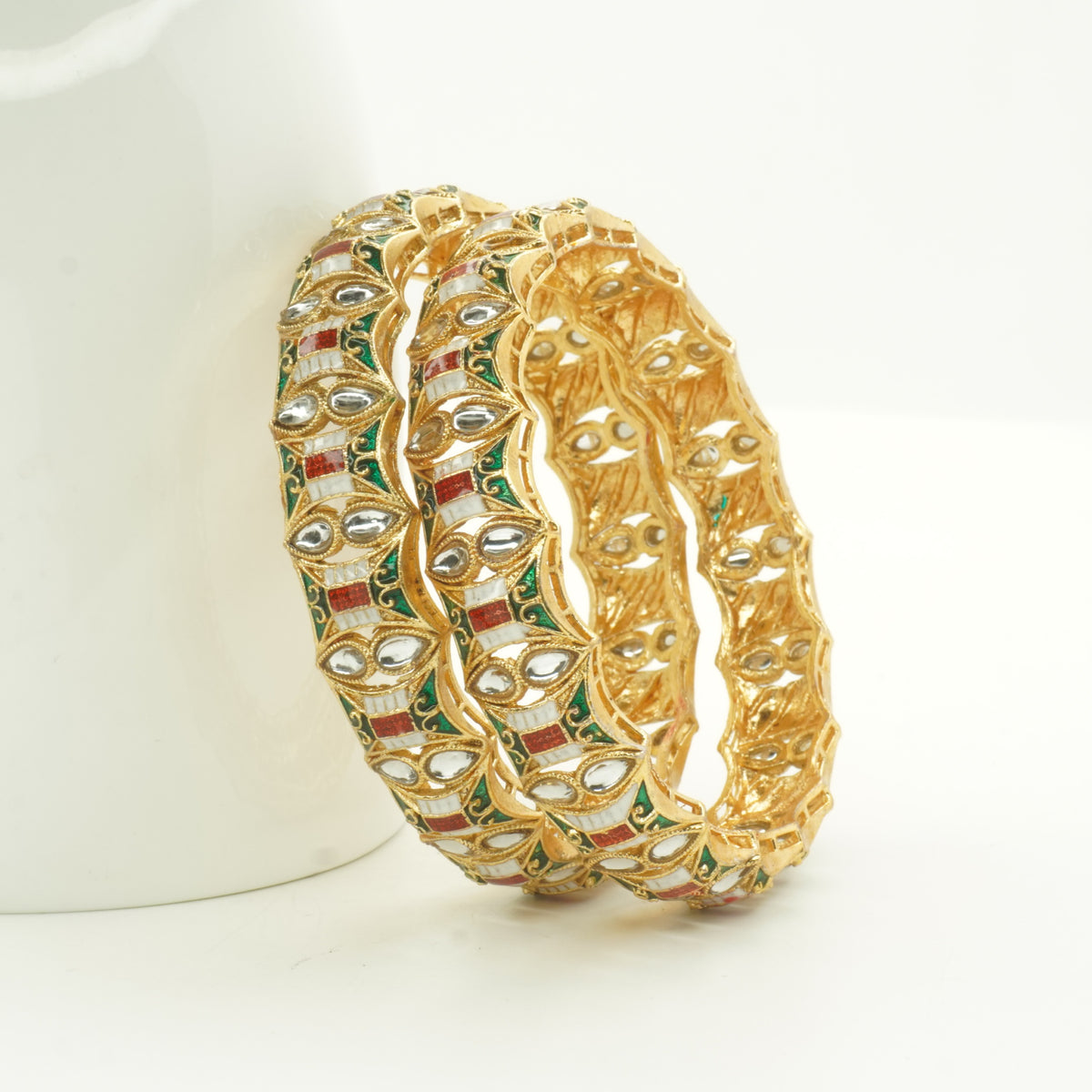 Gold-Plated Jadau Kundan Meenakari Bangles Set of 2 – Red & Green Enamel Traditional Bridal Wear