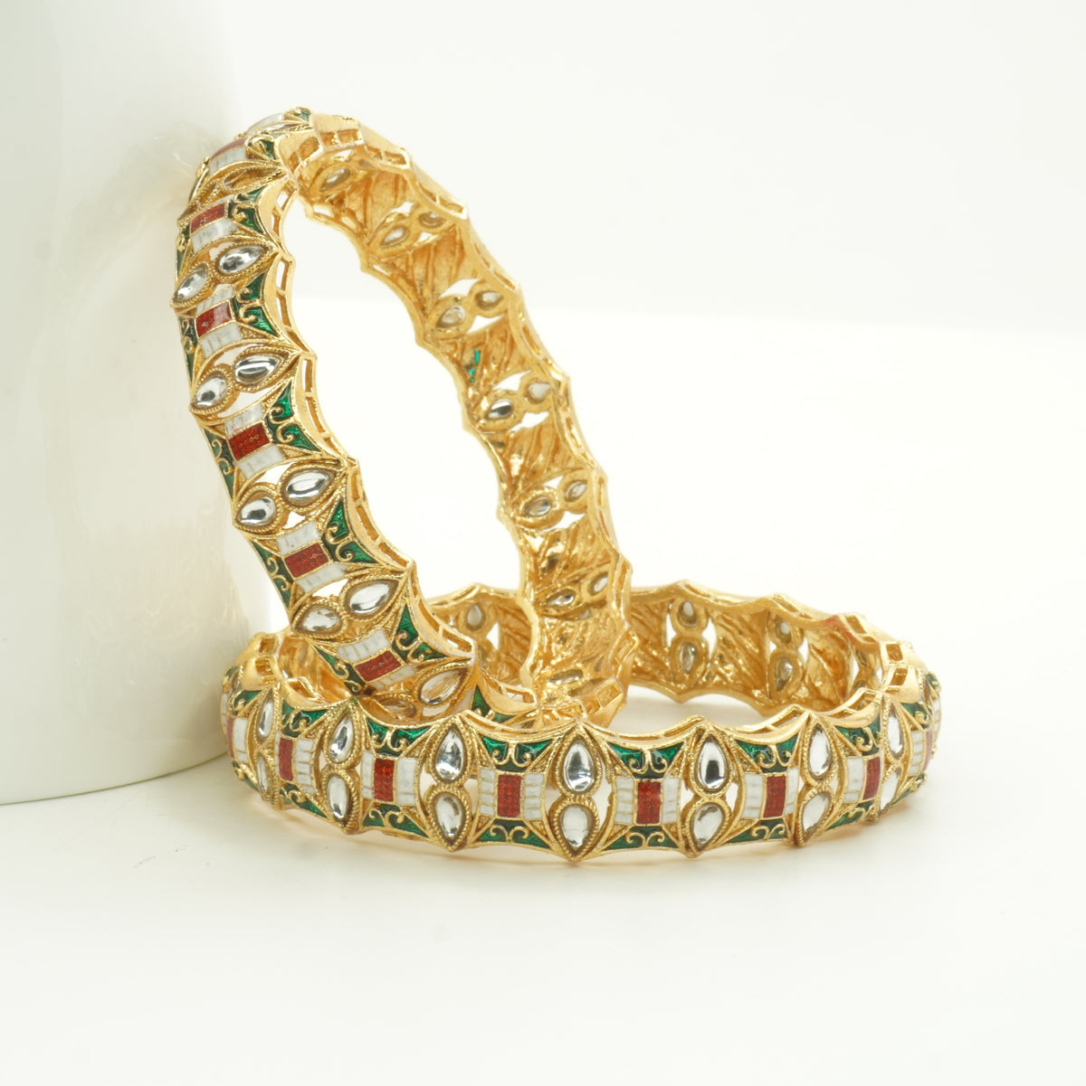 Gold-Plated Jadau Kundan Meenakari Bangles Set of 2 – Red & Green Enamel Traditional Bridal Wear