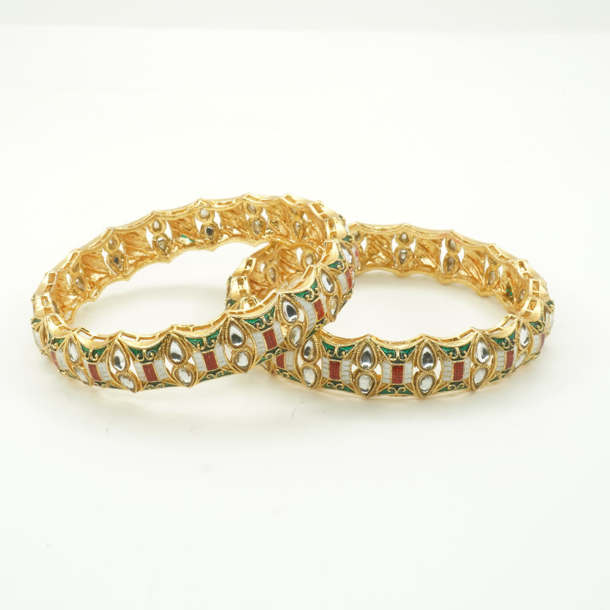Gold-Plated Jadau Kundan Meenakari Bangles Set of 2 – Red & Green Enamel Traditional Bridal Wear