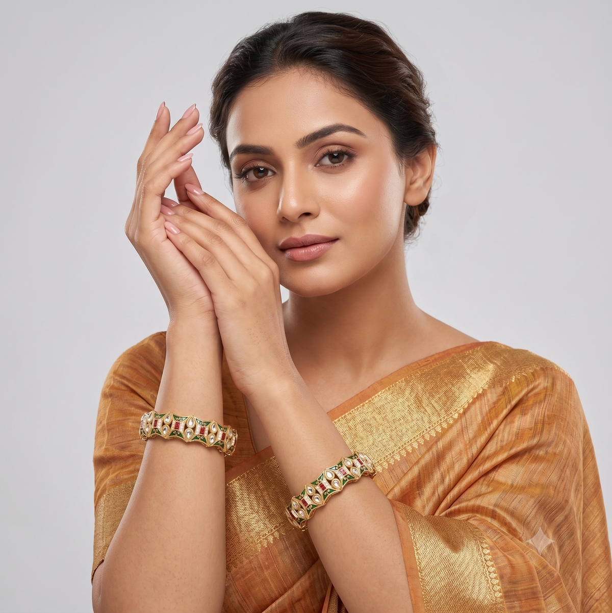 Gold-Plated Jadau Kundan Meenakari Bangles Set of 2 – Red & Green Enamel Traditional Bridal Wear